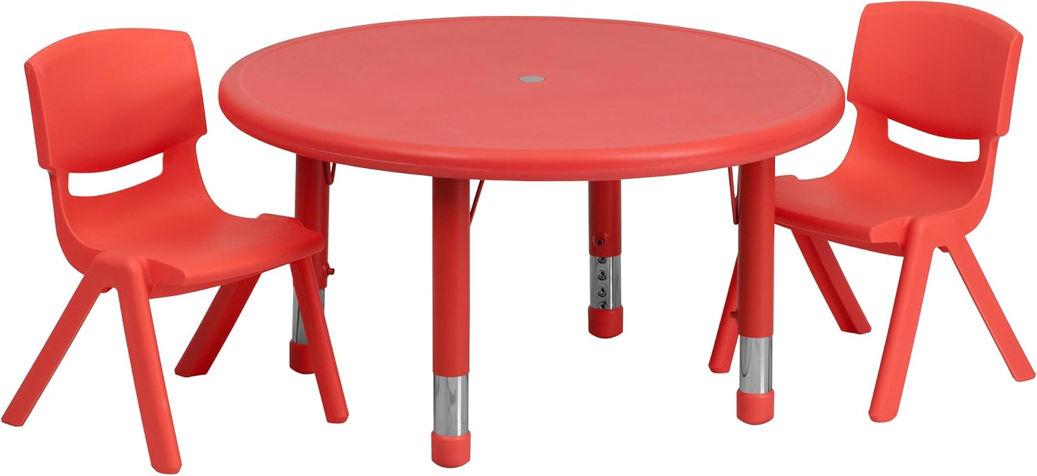 33 Round Red Plastic Height Adjustable Activity Table Set with 2 Chairs
