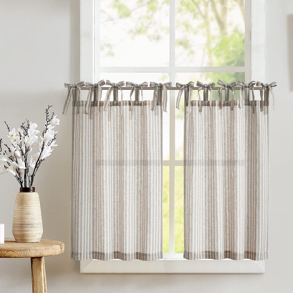 Jinchan Kitchen Curtains Striped Tie Top Linen Tier Curtains 24 Inch Length Short Curtains For Bedroom Living Room Bathroom Farmhouse Light Filtering Rod Pocket Cafe Curtains 2 Panels Grey On Beige