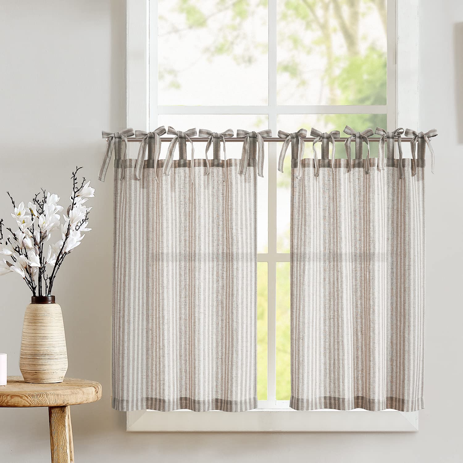 Jinchan Kitchen Curtains Striped Tie Top Linen Tier Curtains 24 Inch Length Short Curtains For Bedroom Living Room Bathroom Farmhouse Light Filtering Rod Pocket Cafe Curtains 2 Panels Grey On Beige