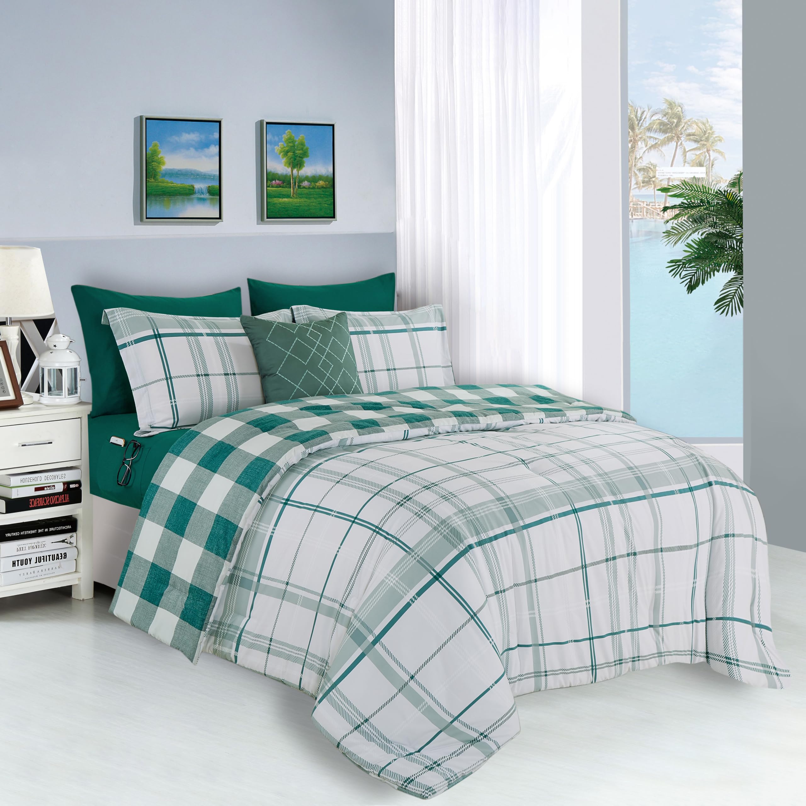 Elegant Comfort Silky Soft 8-Piece Plaid Lodge Bed-In-A-Bag Comforter Set, Includes 4Pc Smart Sheet Set, Comforter, Decorative Pillow, Matching Pillowcases And Shams - Full/Queen, Sage