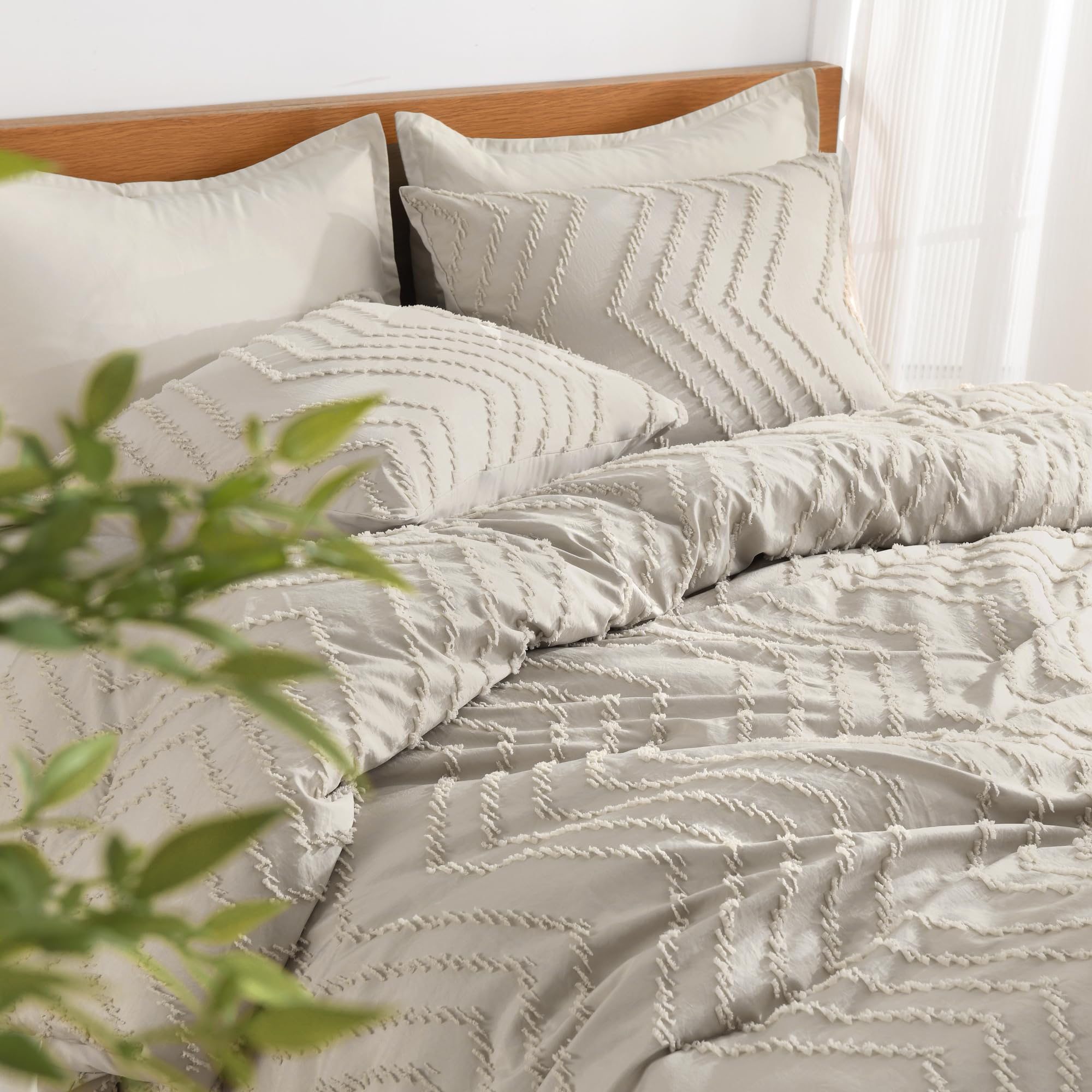 Litanika Tannish Grey California King Comforter Set, 3 Pieces Cal King Oversized Chevron Tufted Boho Bedding Comforter Sets, Flu