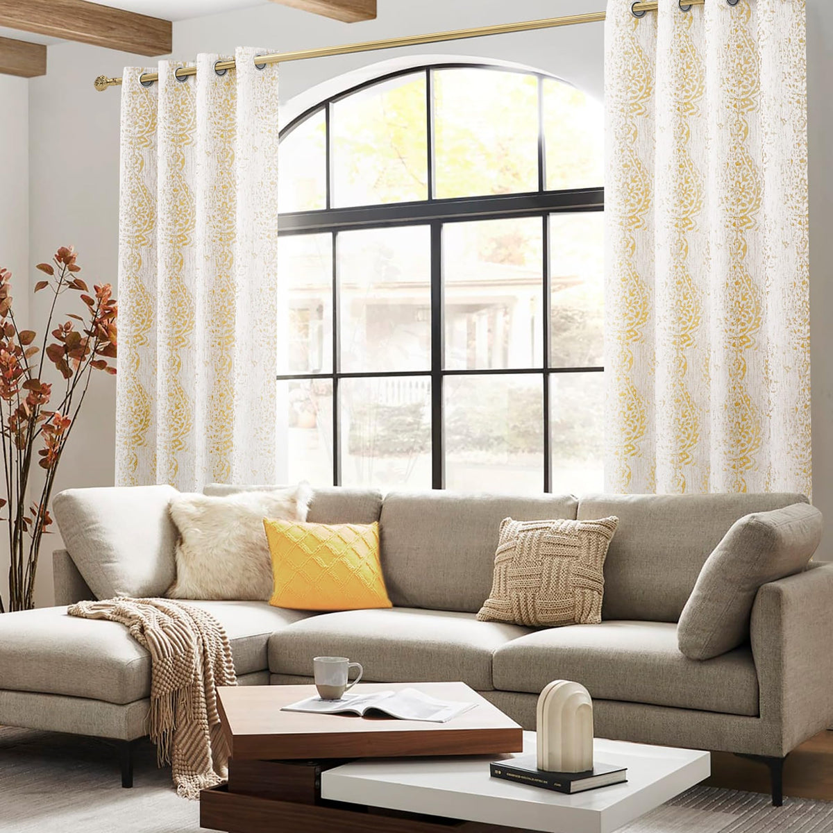 Gold And Greyish Cream White Light Filtering Damask Pattern Extra Length Mandala Curtains For Living Room 52 By 96 Inches Long 2 Panels