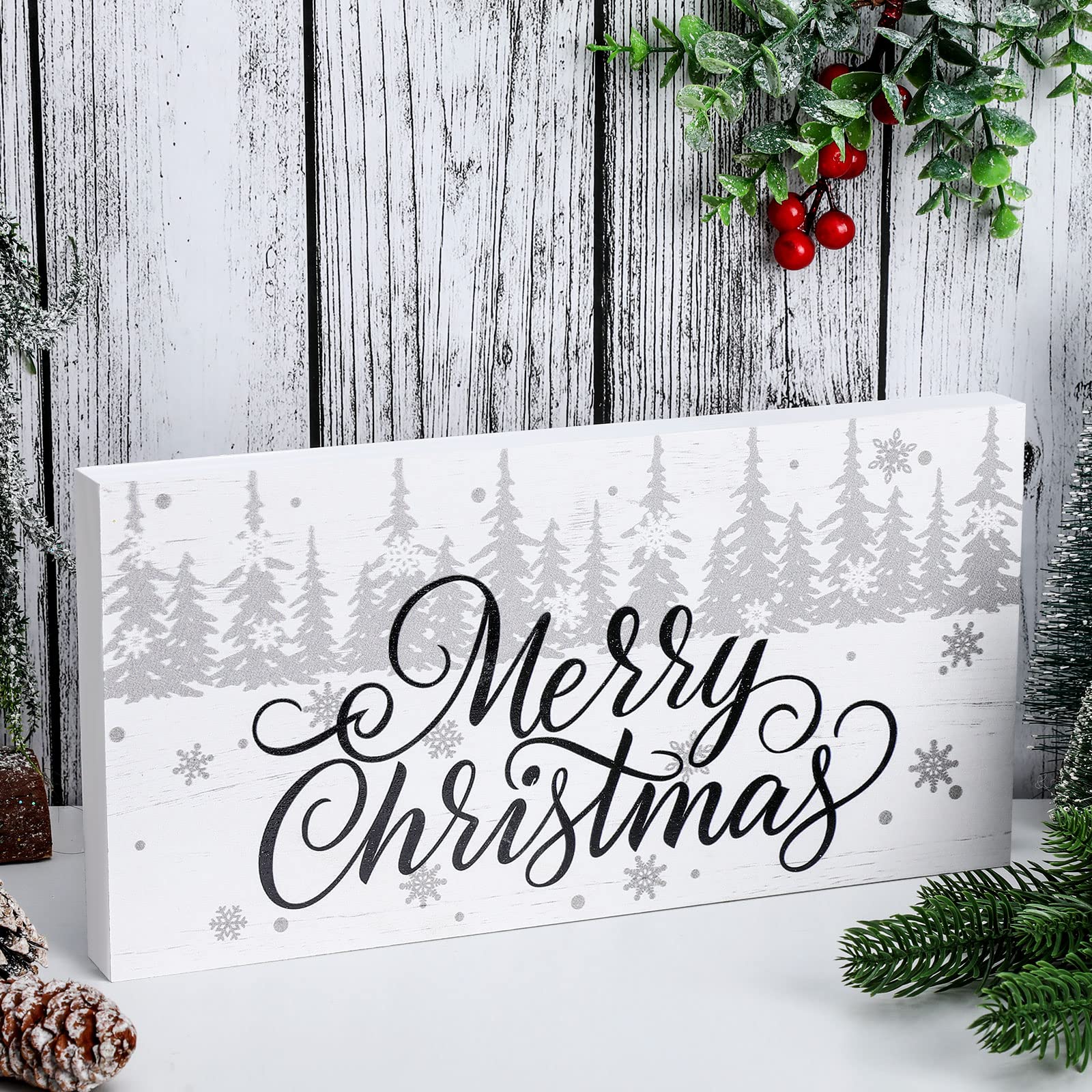 Gerrii White Farmhouse Merry Christmas Wood Box Sign Pink Wooden Xmas Plaque Winter Woodland Xmas Green Table Decor Rustic Xmas 