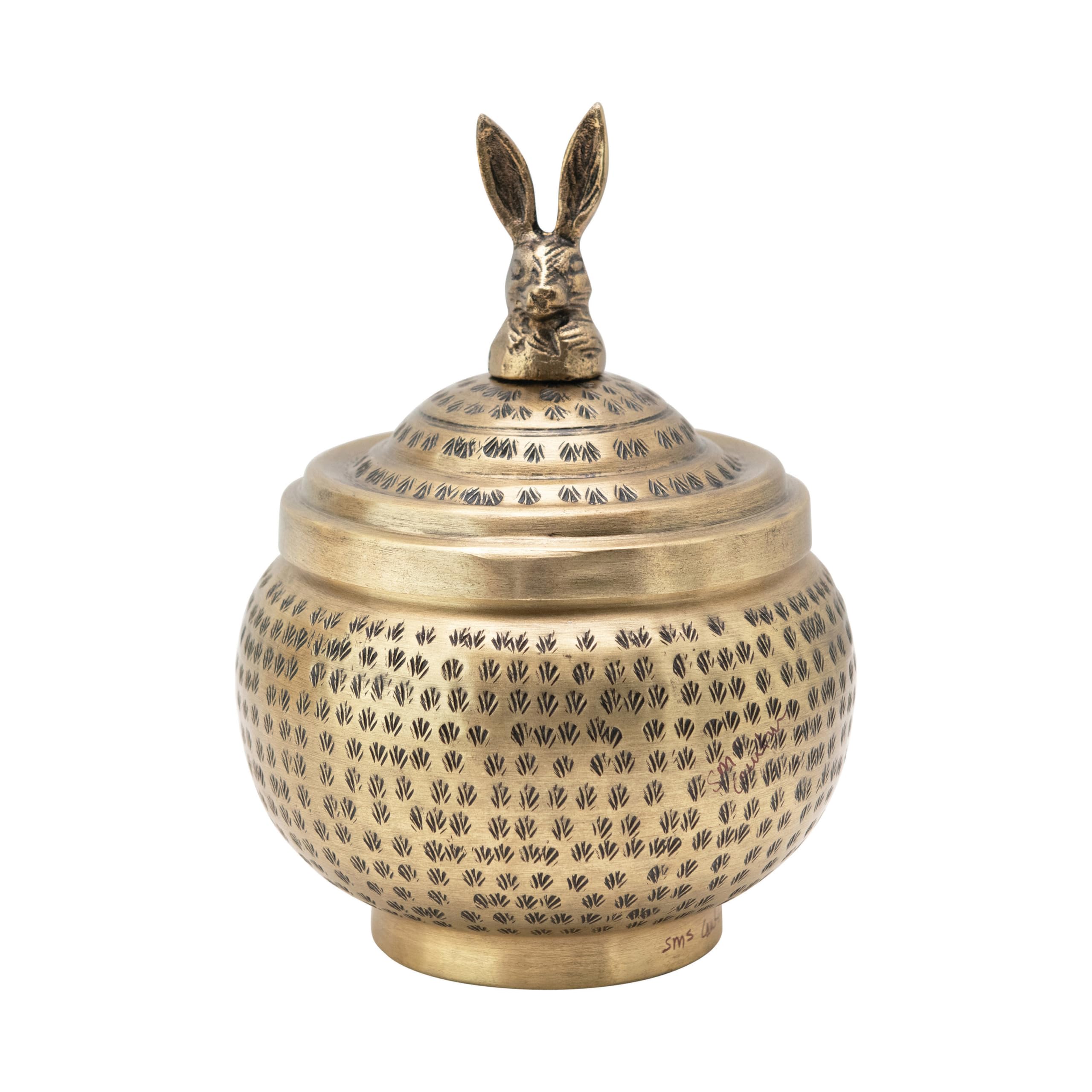 Creative Co-Op, Brass Round Hammered Metal Container with Rabbit Finial, Finish