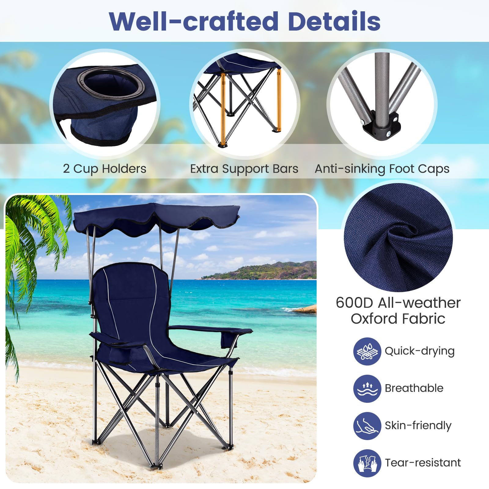 Goplus Camping Chair With Canopy Shade, Folding Lawn Chair With Umbrella Cup Holder & Carry Bag, Portable Sunshade Chair For Adults For Beach Outdoor Travel Hiking Fishing (Blue)