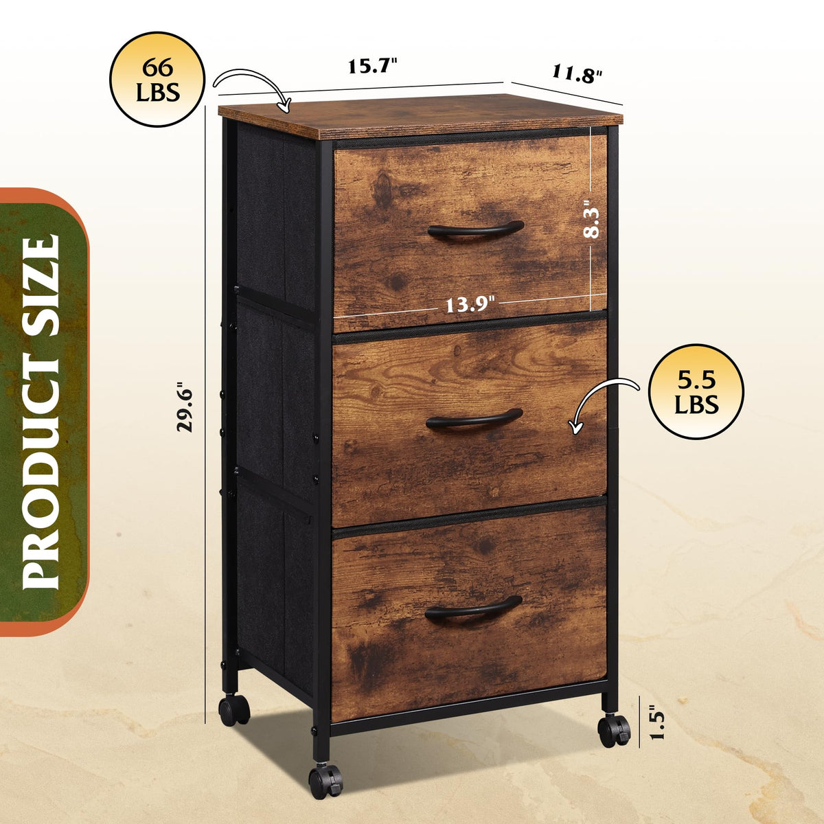 Wlive Dresser With 3 Drawers, Fabric Nightstand, Cabinet With Wheels, Organizer Storage Dresser For Bedroom, Office, Closets, Sturdy Steel Frame, Easy Pull Handle, Rustic Brown Wood Grain Print