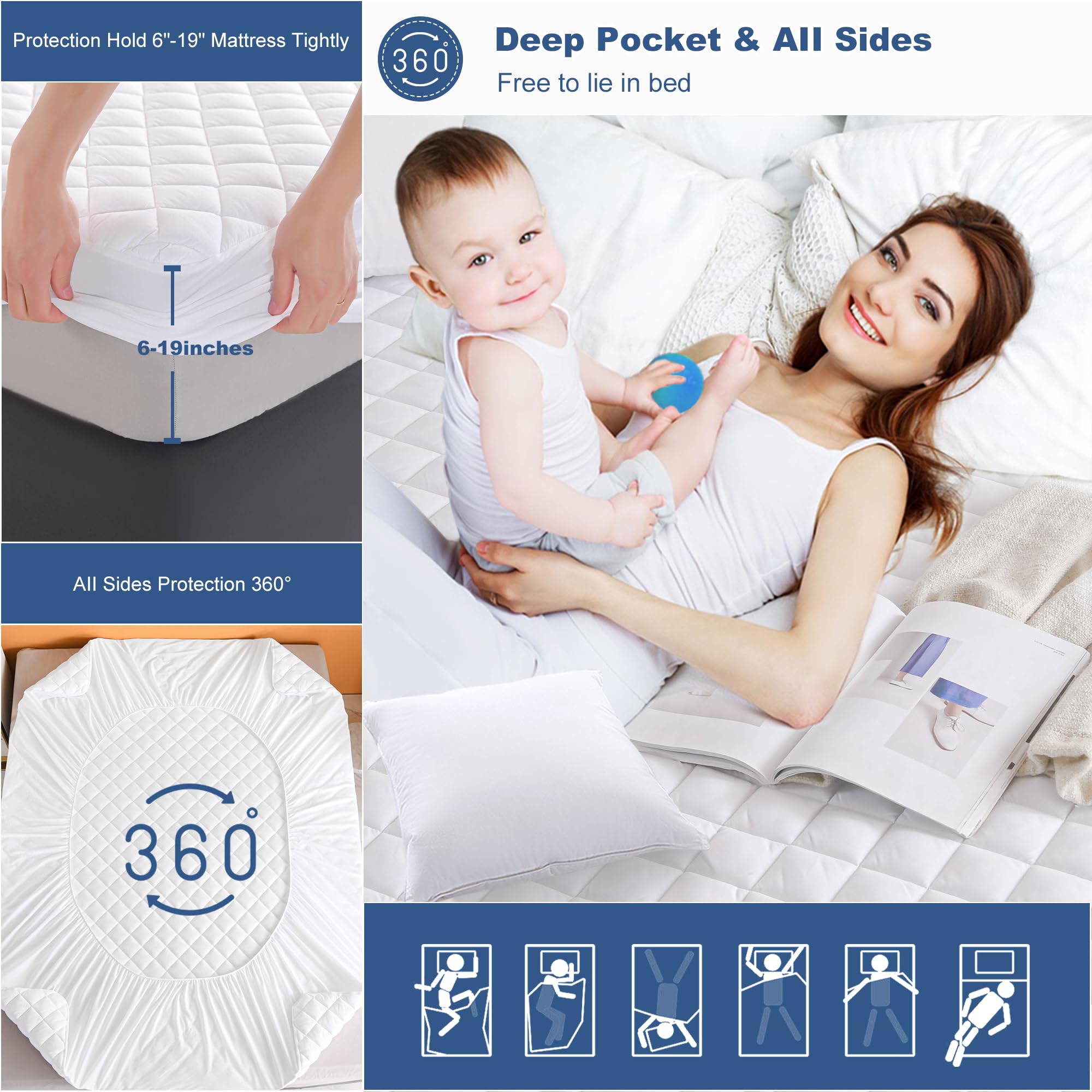 Grt Twin Waterproof Mattress Pad, 100% Waterproof Quilted Fitted Mattress Protector, Noiseless Hollow Cotton Mattress Cover, Fit