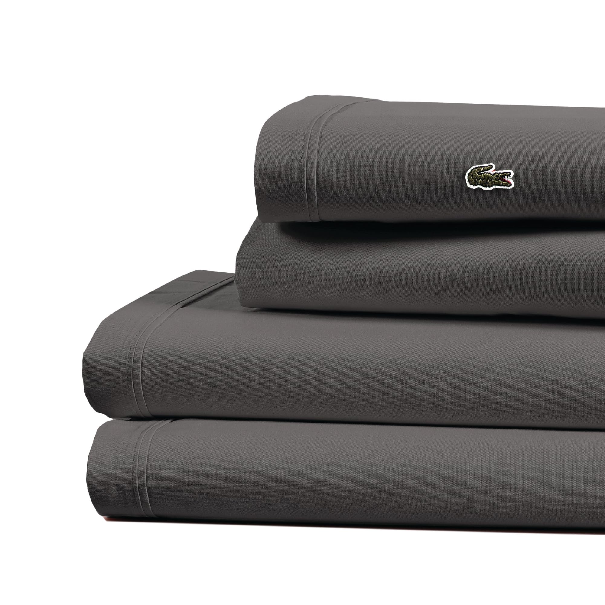 Lacoste 100% Cotton Percale 4-Piece Sheet Set - Cool, Crisp, Matte, and Durable, Oeko-Tex Certified - Solid, Dark Gray, Queen