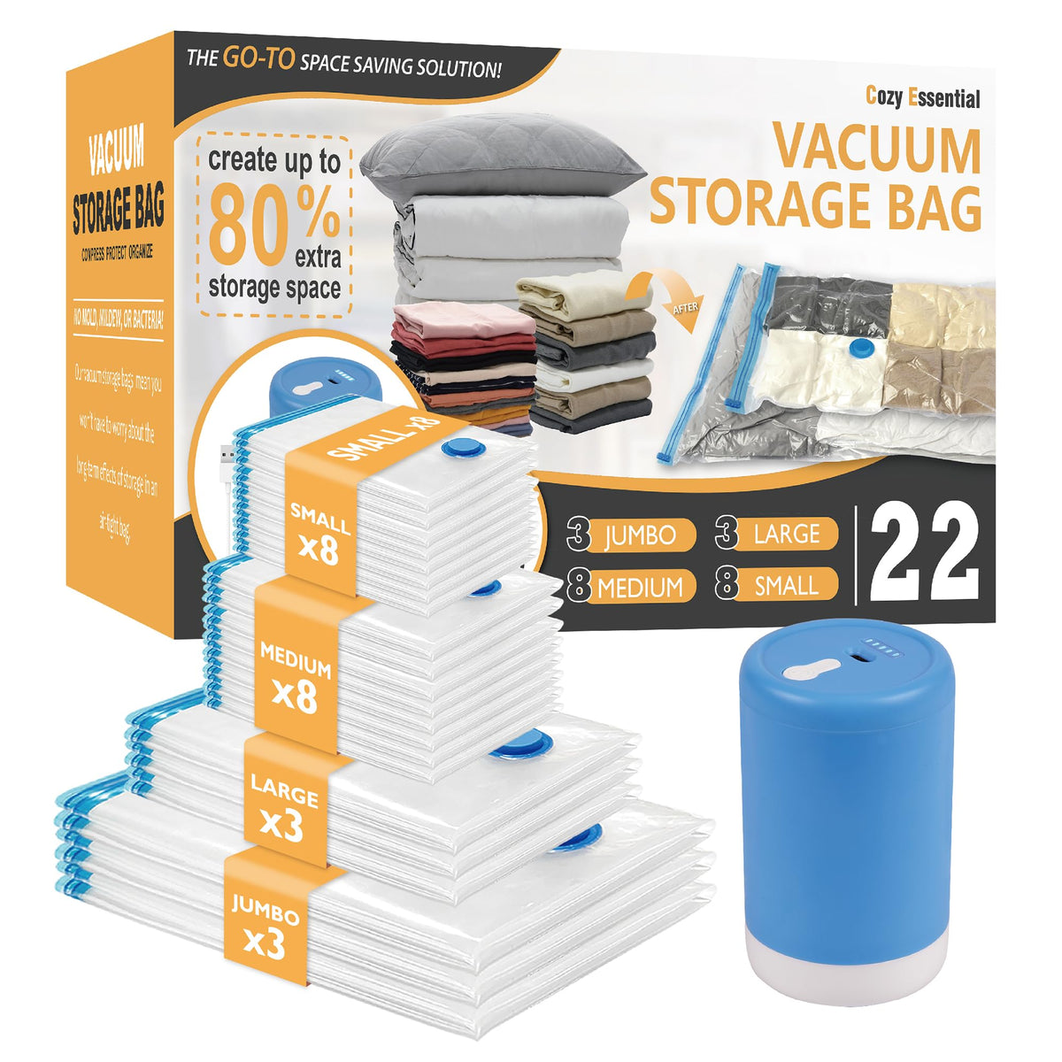 Vacuum Storage Bags With Electric Pump, 22 Pack (3 Jumbo/3 Large/8 Medium/8 Small) Vacuum Seal Space Saver Bags For Clothing, Pi