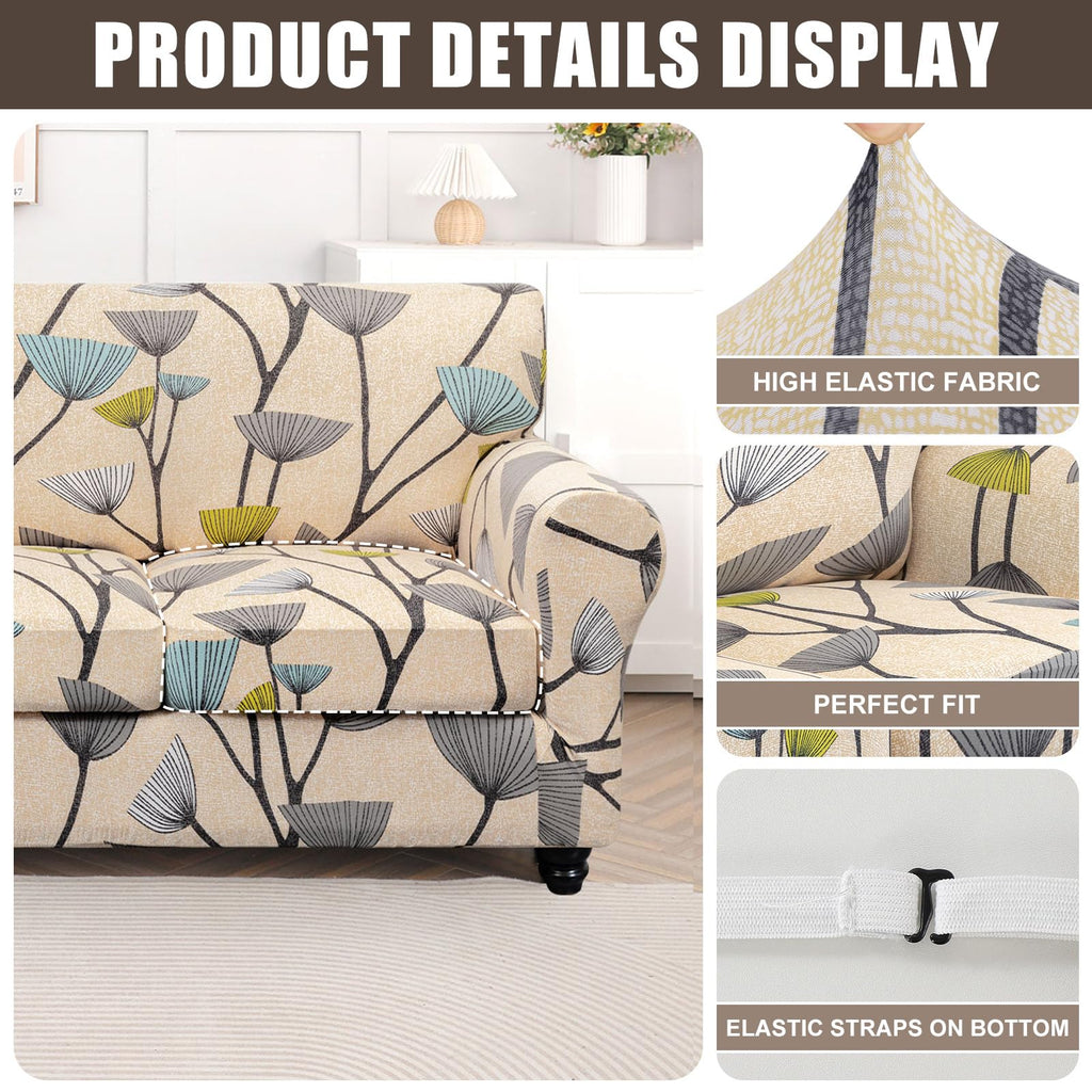 Searchi Stretch Sofa Cover Printed Couch Cover, Floral Pattern 3 Pieces Loveseat Slipcover With 2 Separate Cushion Cover, Washable Furniture Protector For Living Room(Loveseat, Dandelion Pattern)