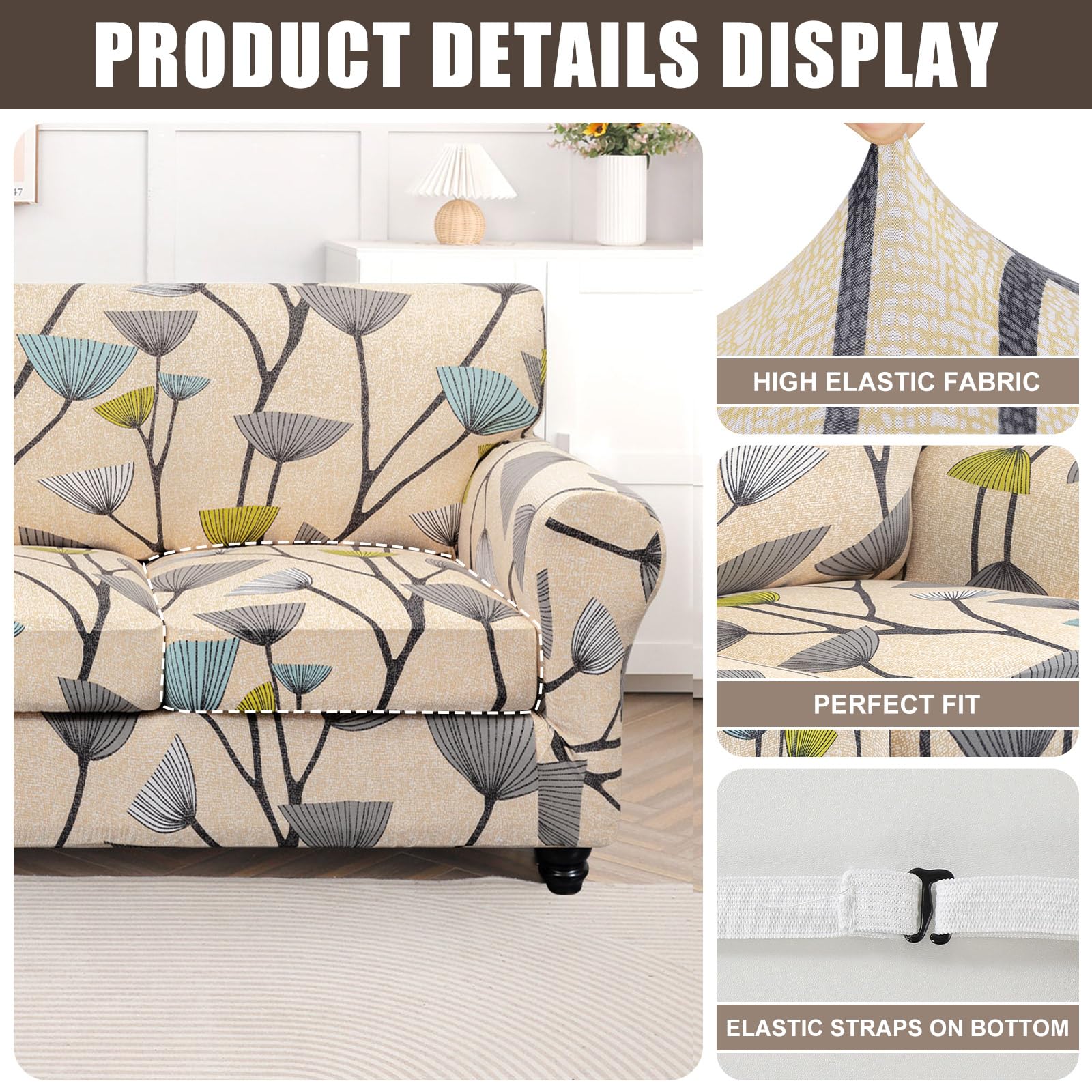 Searchi Stretch Sofa Cover Printed Couch Cover, Floral Pattern 3 Pieces Loveseat Slipcover With 2 Separate Cushion Cover, Washable Furniture Protector For Living Room(Loveseat, Dandelion Pattern)