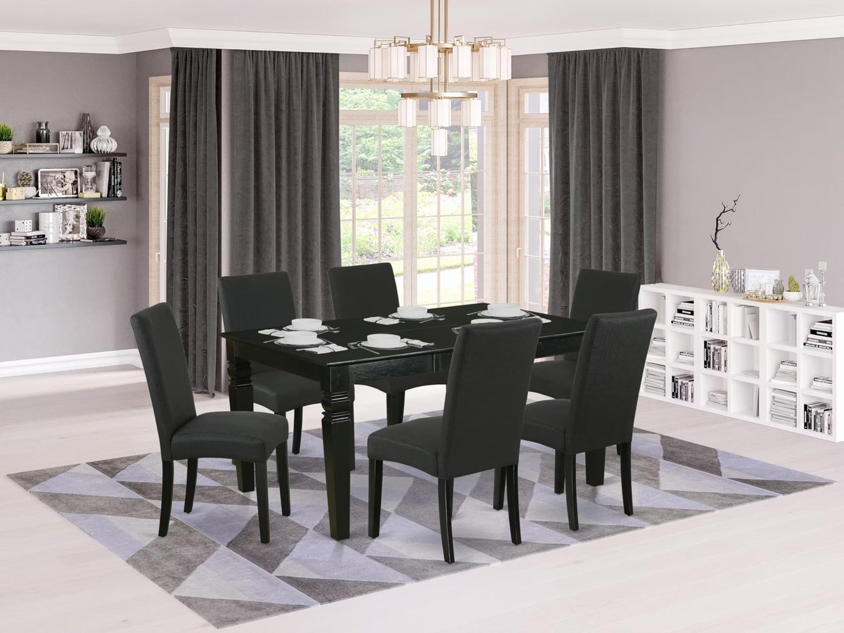 East West Furniture Wedr7-Blk-24 7 Piece Dining Set Consist Of A Rectangle Dining Room Table With Butterfly Leaf And 6 Black Color Linen Fabric Upholstered Chairs, 42X60 Inch, Black