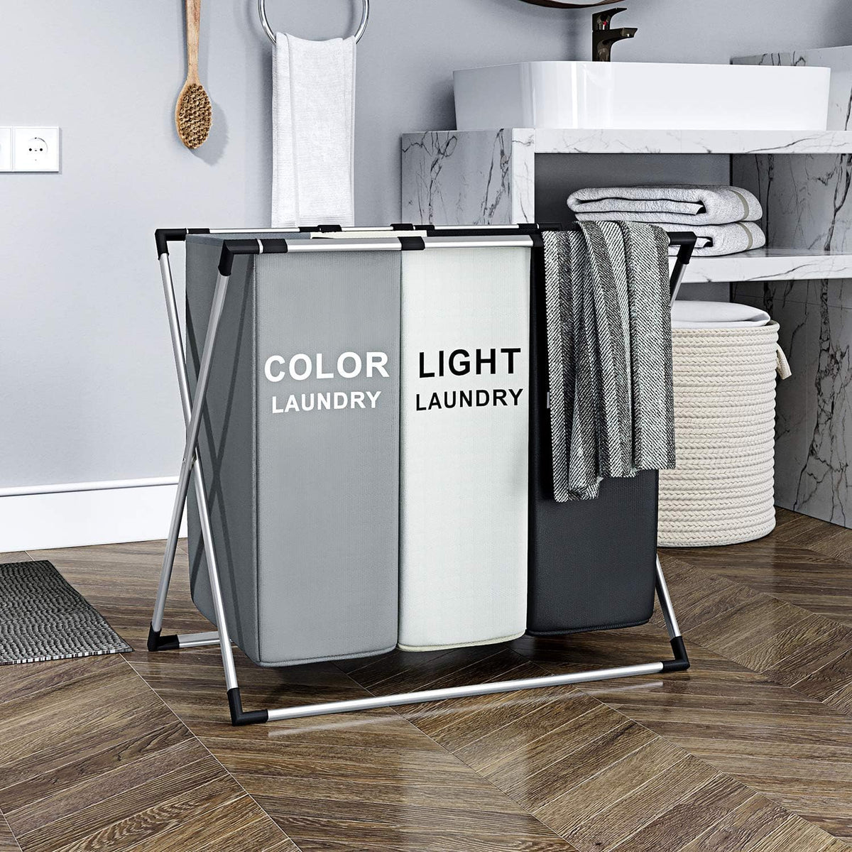 Jolfay Laundry Basket 3 Section Hamper Washing Storage Basket Bag, Folding Hamper Waterproof & Aluminum Xframe, Cloth Organizer