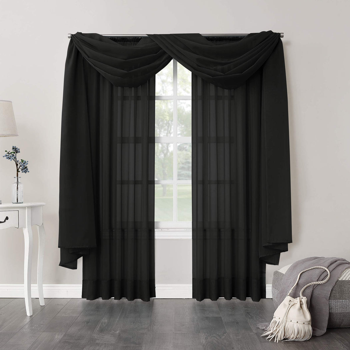 No. 918 53566 Emily Sheer Voile Rod Pocket Curtain Panel, 59'' X 95'', Black