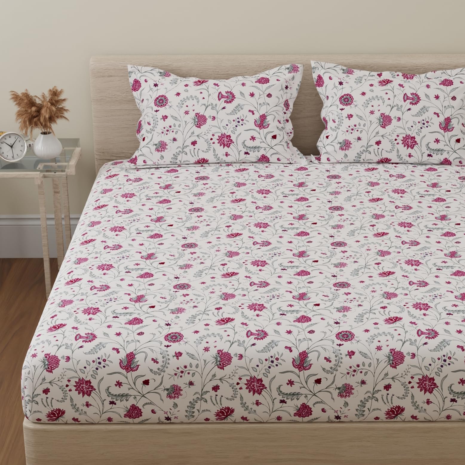 Huesland By Ahmedabad Cotton 144 Tc Cotton Bedsheet For Double Bed King Size With 2 Pillow Covers | White, Pink & Green