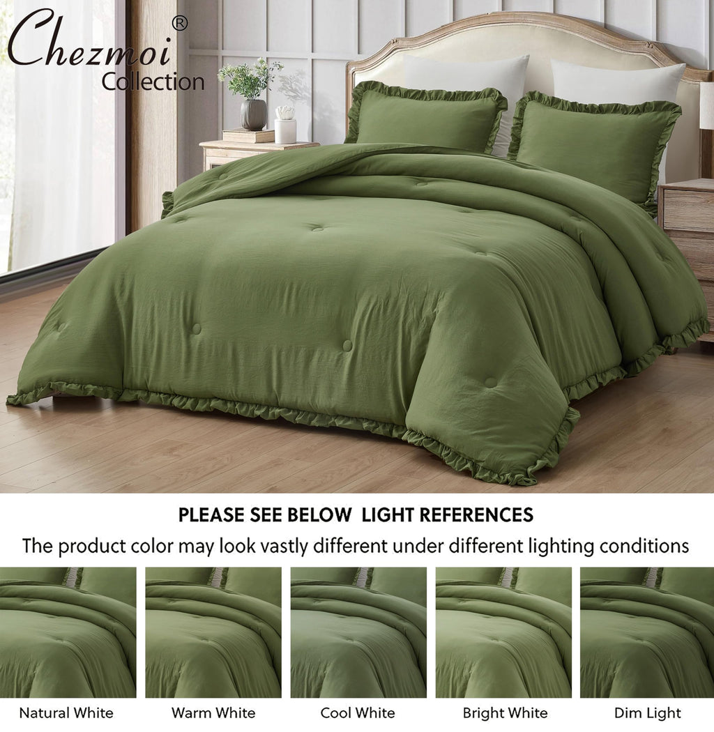 Chezmoi Collection Nora Olive Green Comforter Set Oversized King Size 3-Piece Fluffy Soft Lightweight Bedding Ruffled Edge Trim