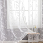 Bgment White Sheer Curtains 84 Inches Long 2 Panels For Living Room, Embroidered Leaf Pattern Linen Textured Light Filtering Gro