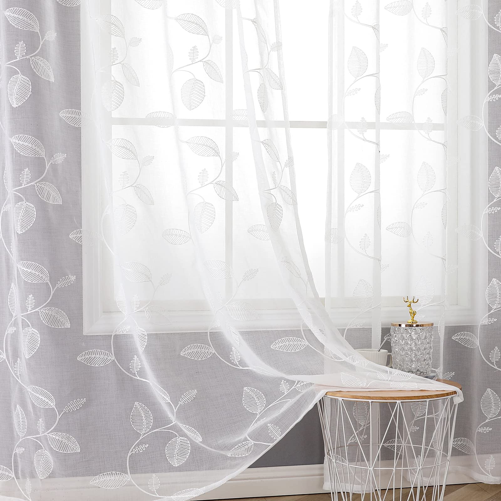 Bgment White Sheer Curtains 84 Inches Long 2 Panels For Living Room, Embroidered Leaf Pattern Linen Textured Light Filtering Gro