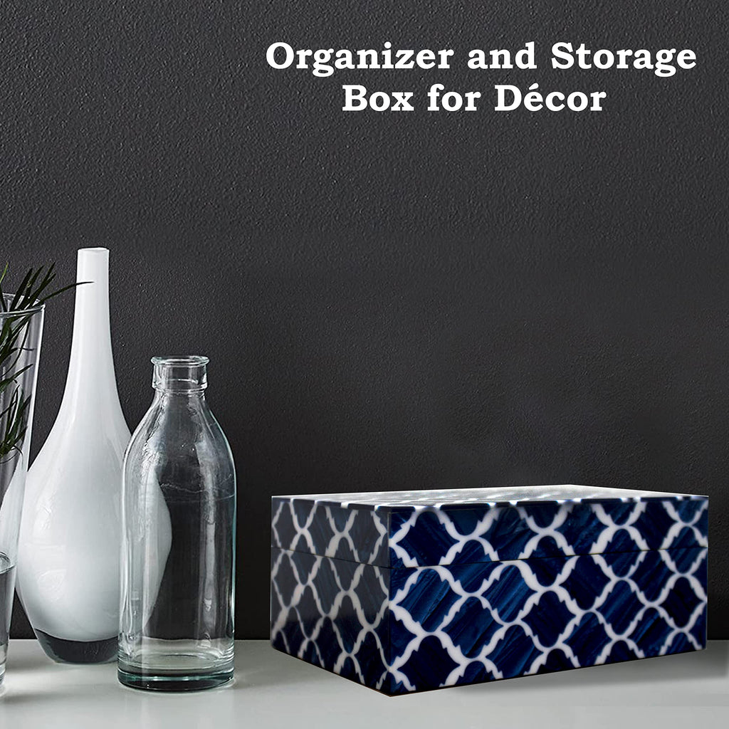 Collectiblesbuy Handmade Jewelry Storage Box Moroccan Pattern Designer Resin Box Royal Home Decorative Rectangle Modern Art Blue