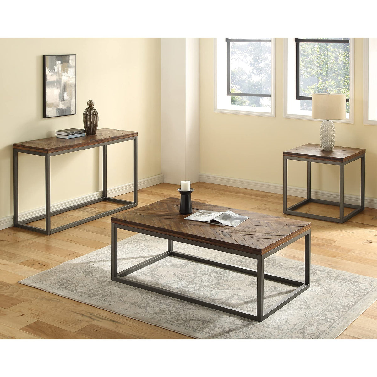 Steve Silver Lorenza Rustic Coffee Natural Honey, Acacia Wood Top, Metal Base, Distressed Chevron Pattern Cocktail Table, Nickel