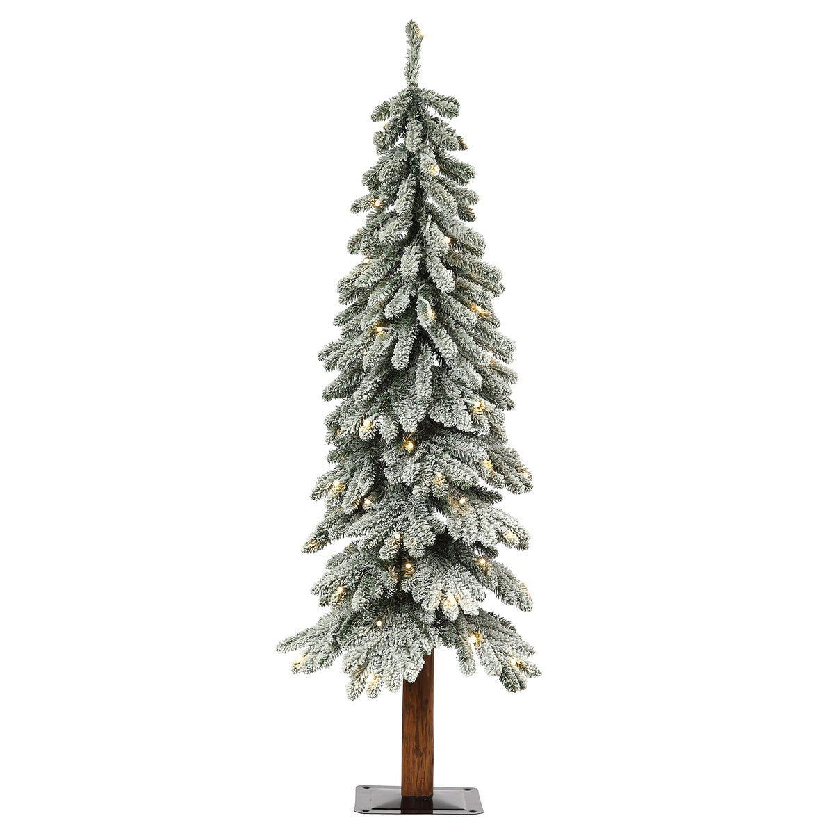 Haute Decor Lightly Flocked Alpine Tree with Wood Pole and Warm White Battery-Operated LED Lights with Timer (4-Foot)