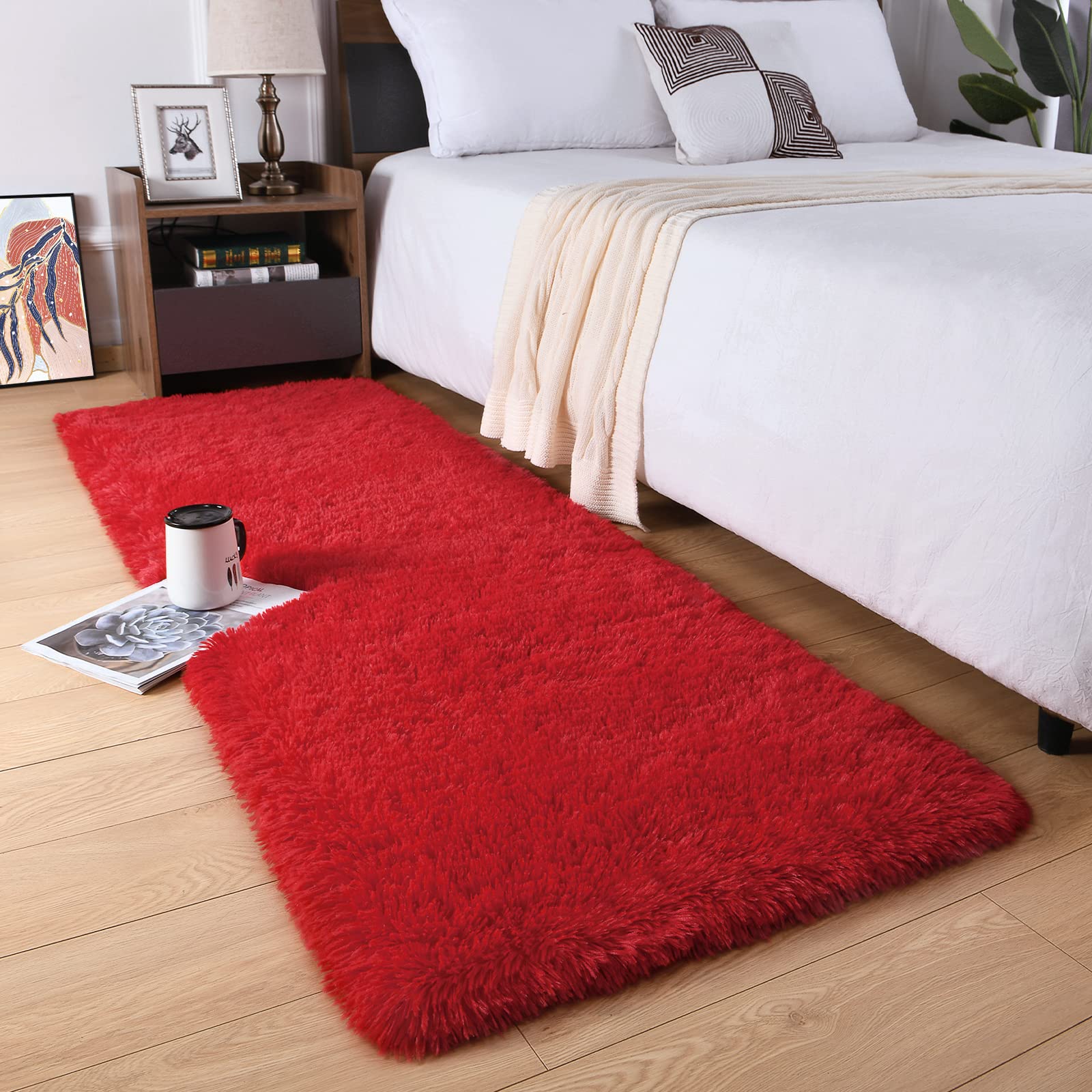 Detum Red Rug 2X6 Feet - Fluffy Red Runner Rugs For Bedroom Shaggy 2' X 6' Living Room Rug Soft Rugs For Kids Room Non-Slip Nurs