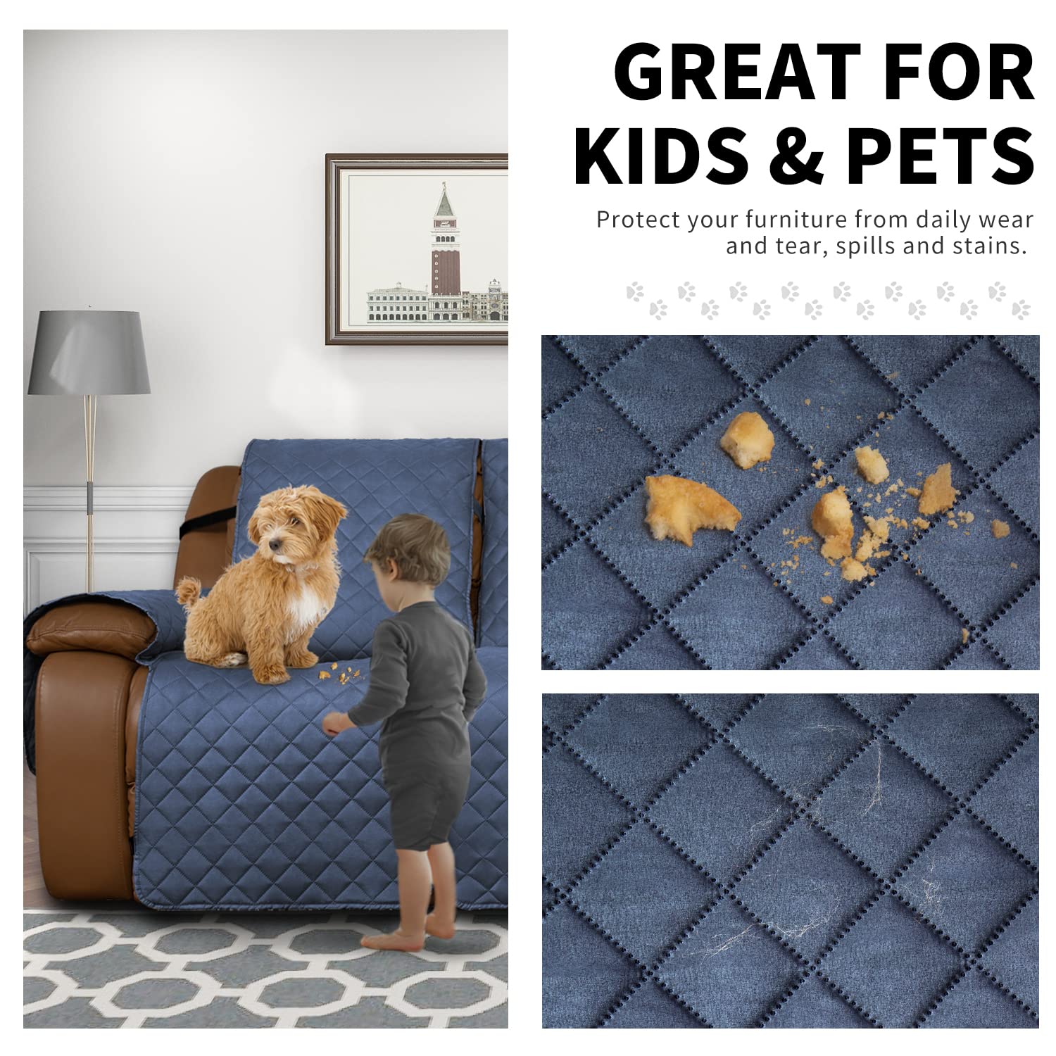 Easy-Going Oversized Recliner Sofa Cover, Reversible Couch Cover For 3 Seat Recliner, Split Sofa Cover For Each Seat With Elastic Straps For Kids, Dogs, Pets (3 Seater, Dark Blue/Dark Blue)