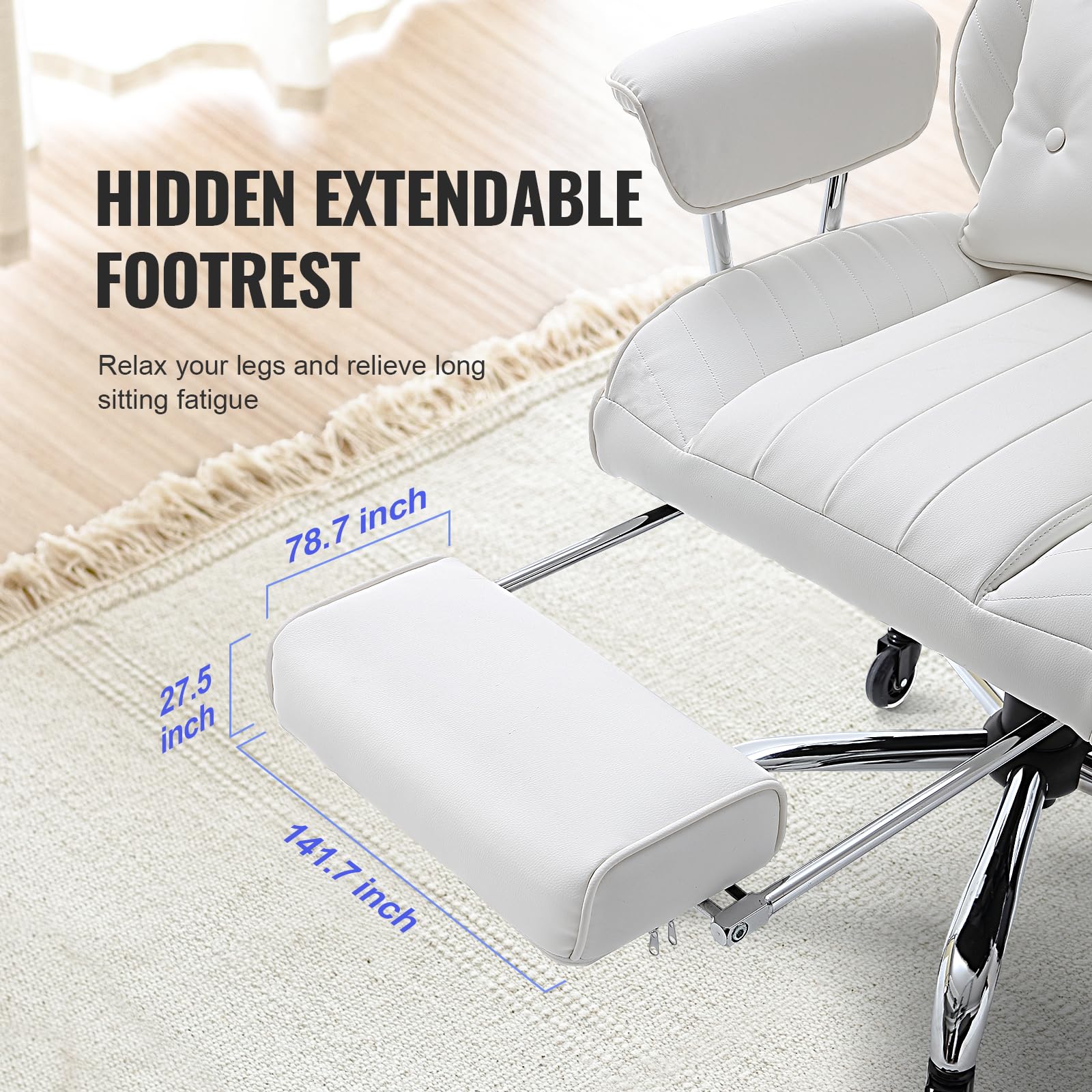 VEVOR Reclining Office Chair with Footrest, Heavy Duty PU Leather, 350lbs Capacity, Big & Tall Executive Chair, White
