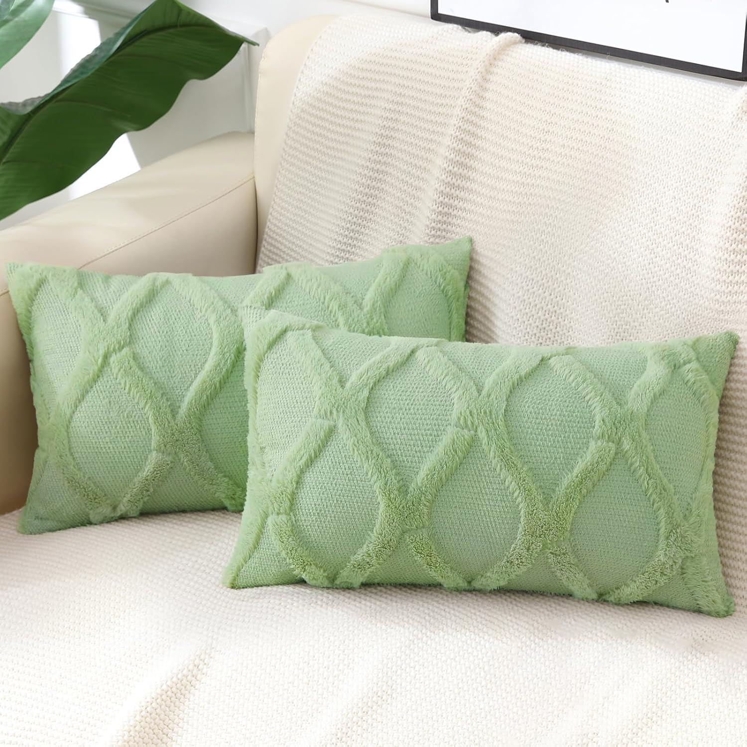 Decoruhome Spring Throw Pillow Covers 12X20 Inch Set Of 2, Soft Plush Faux Fur Wool Lumbar Sage Green Couch Pillow Covers, Decorative Pillow Cases For Bed Sofa Living Room Home Decor