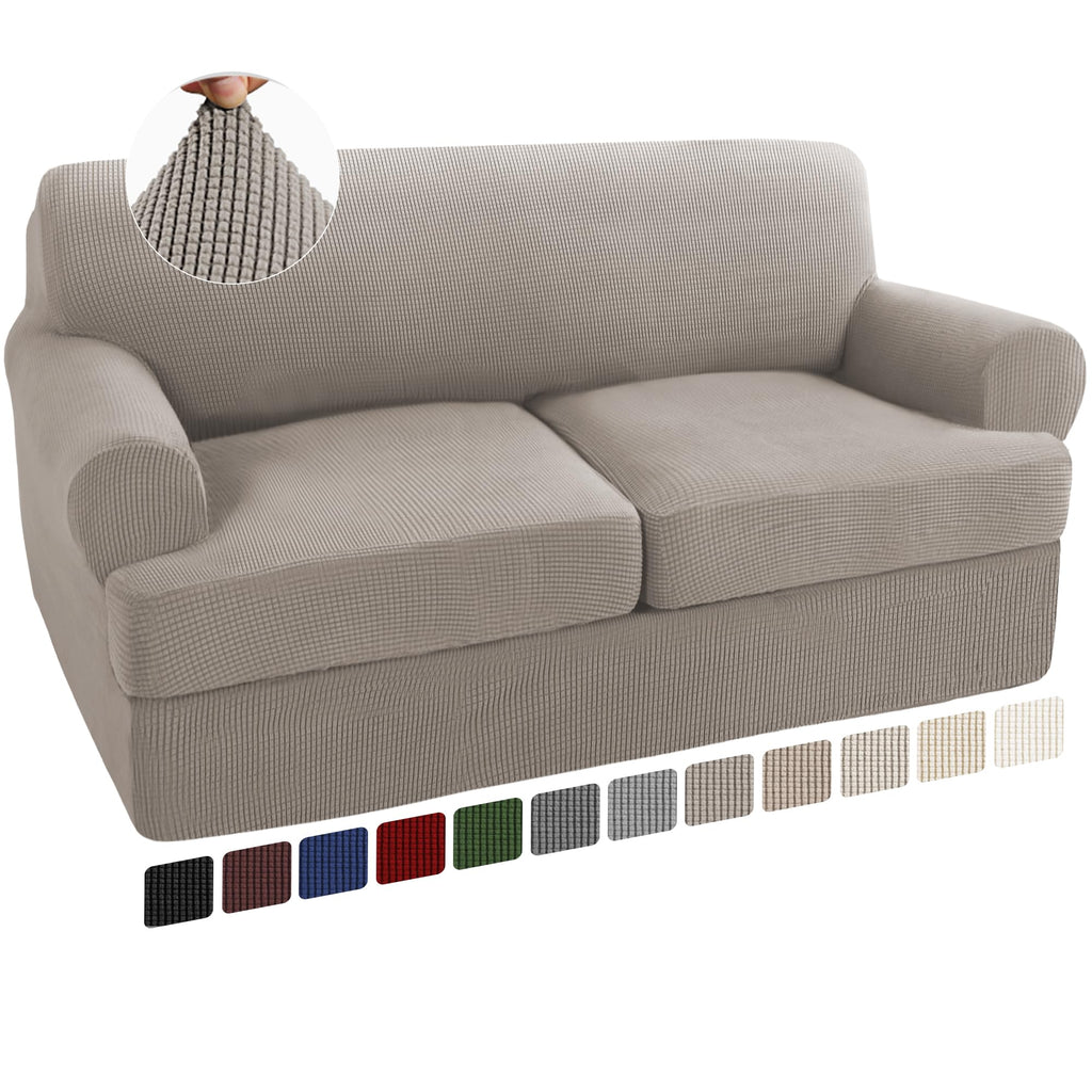 Turquoize 3 Piece T Cushion Loveseat Slipcovers Sofa Cover For 2 Cushion Couch Cover Washable Sofa Slip Cover Furniture Covers With 2 Individual T Cushion Seat Covers (2 Cushion Loveseat, Taupe)