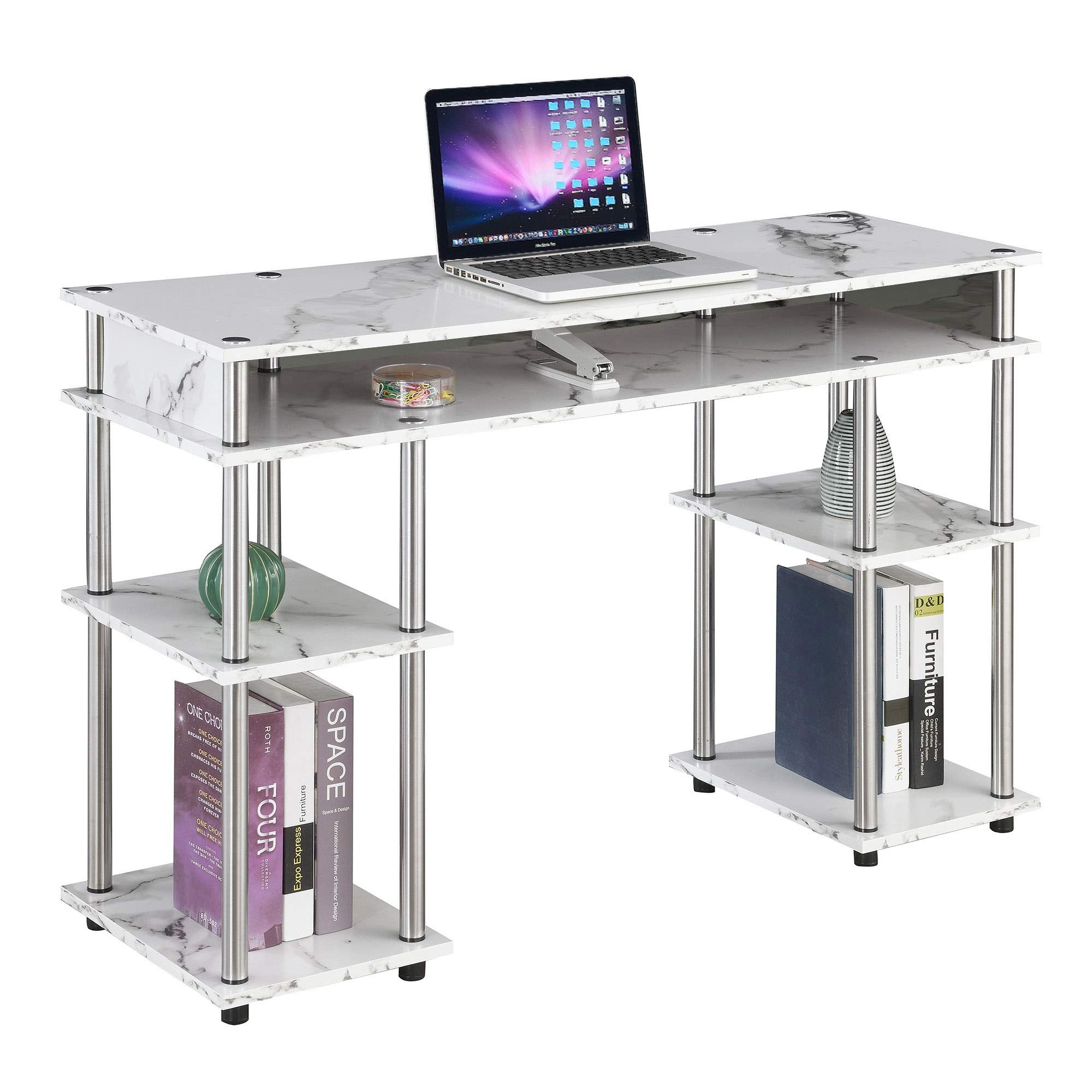 Convenience Concepts Designs2Go No Tools Desk Home Office Desk with Shelves, Corner Shelf Vanity Desk Computer Desk Nail Table for Nail Tech - 47.25" L x 15.75" W x 30" H, White Faux Marble