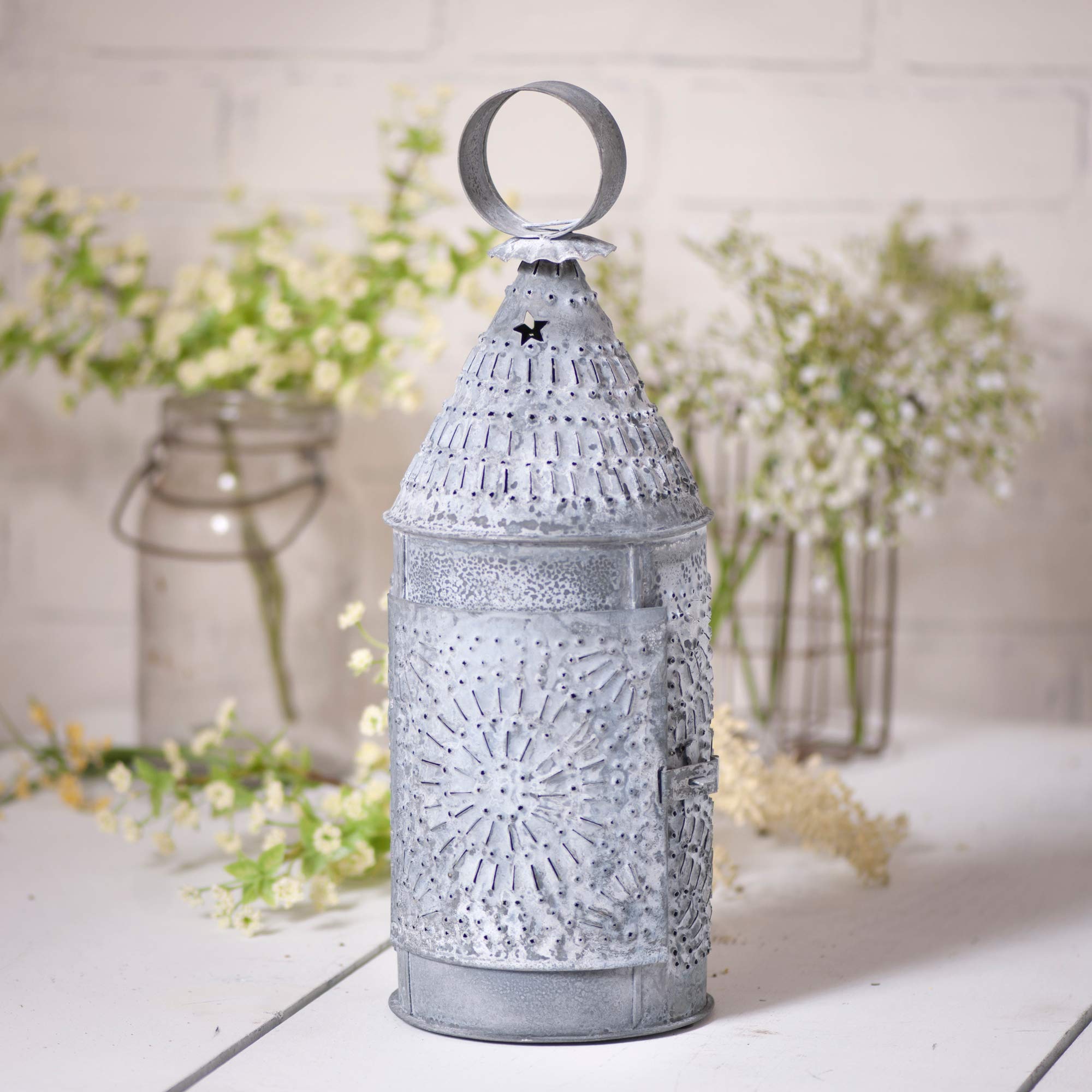 It Weathered Zinc Punched Tin Bakers Lantern, Country Candle Holder