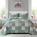 Mybedsoul Green Boho Queen Quilt Set, 3-Piece Reversible Soft Plaid Floral Bedding Set With 2 Pillow Shams - Sage Green Queen Si