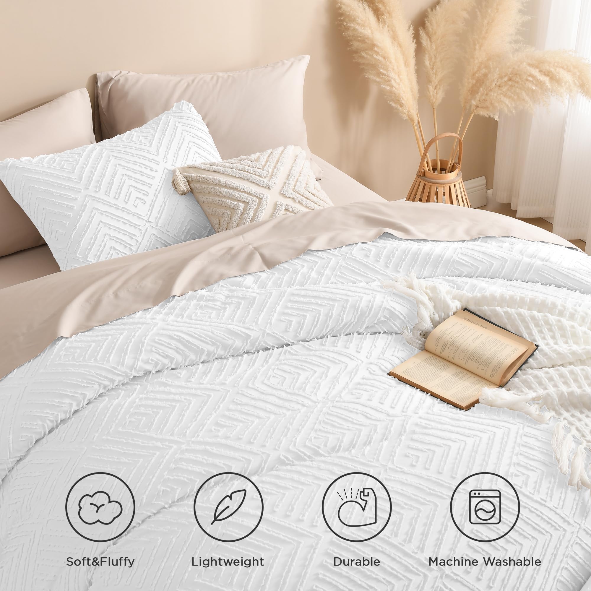 Andency White California King Comforter Set, 3 Pieces Boho Cal King Bed Comforter, Oversized Soft Lightweight Down Alternative Bedding Set With Tufted Design(104X96In, 2 Pillowcases)