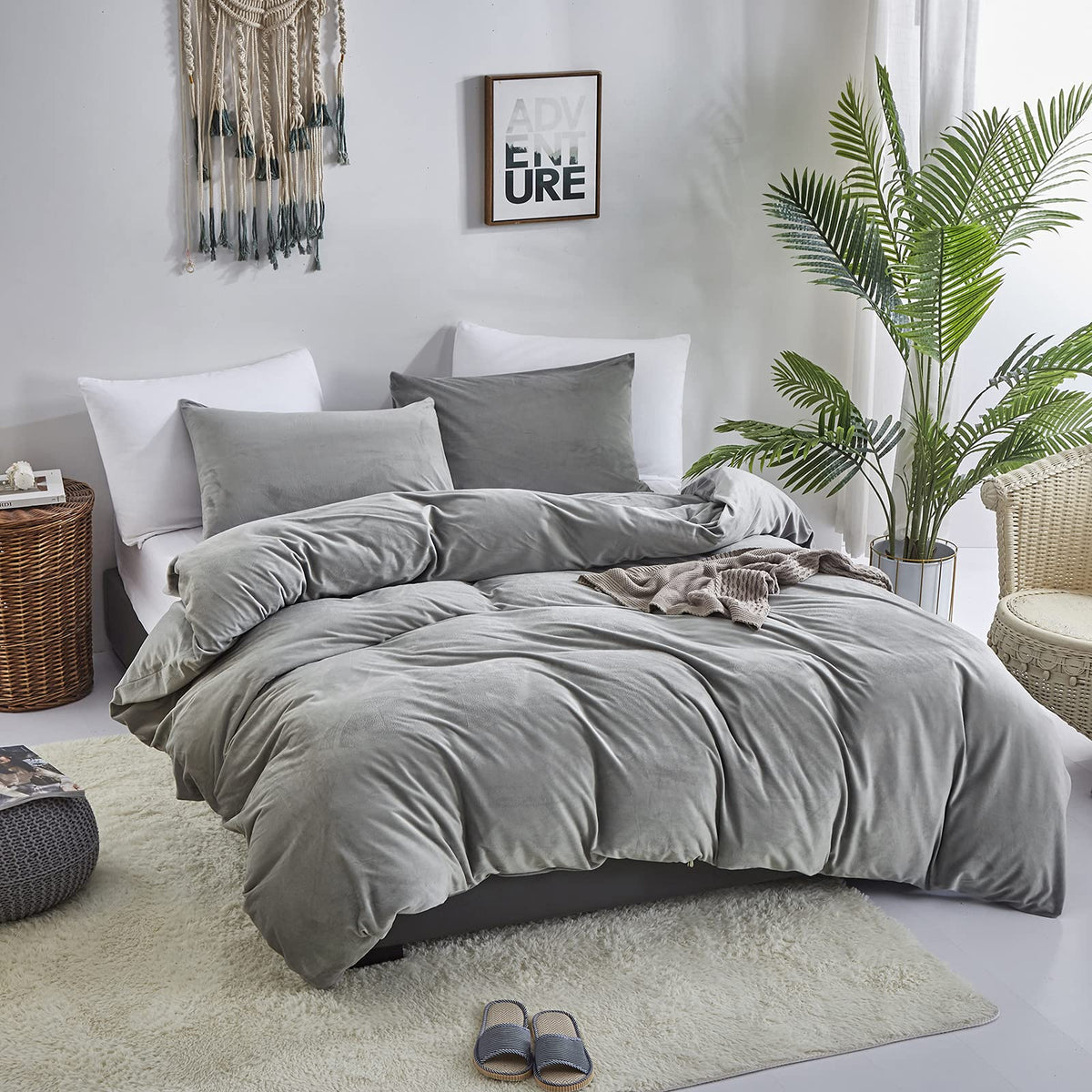 Clothknow Grey Comforter Set Queen Fluffy Bedding Comforter Sets Full Velvet Men Women Boys Bedding Sets Dark Gray Flannel Bedding Comforter Full 3Pcs Comforter Sets Queen