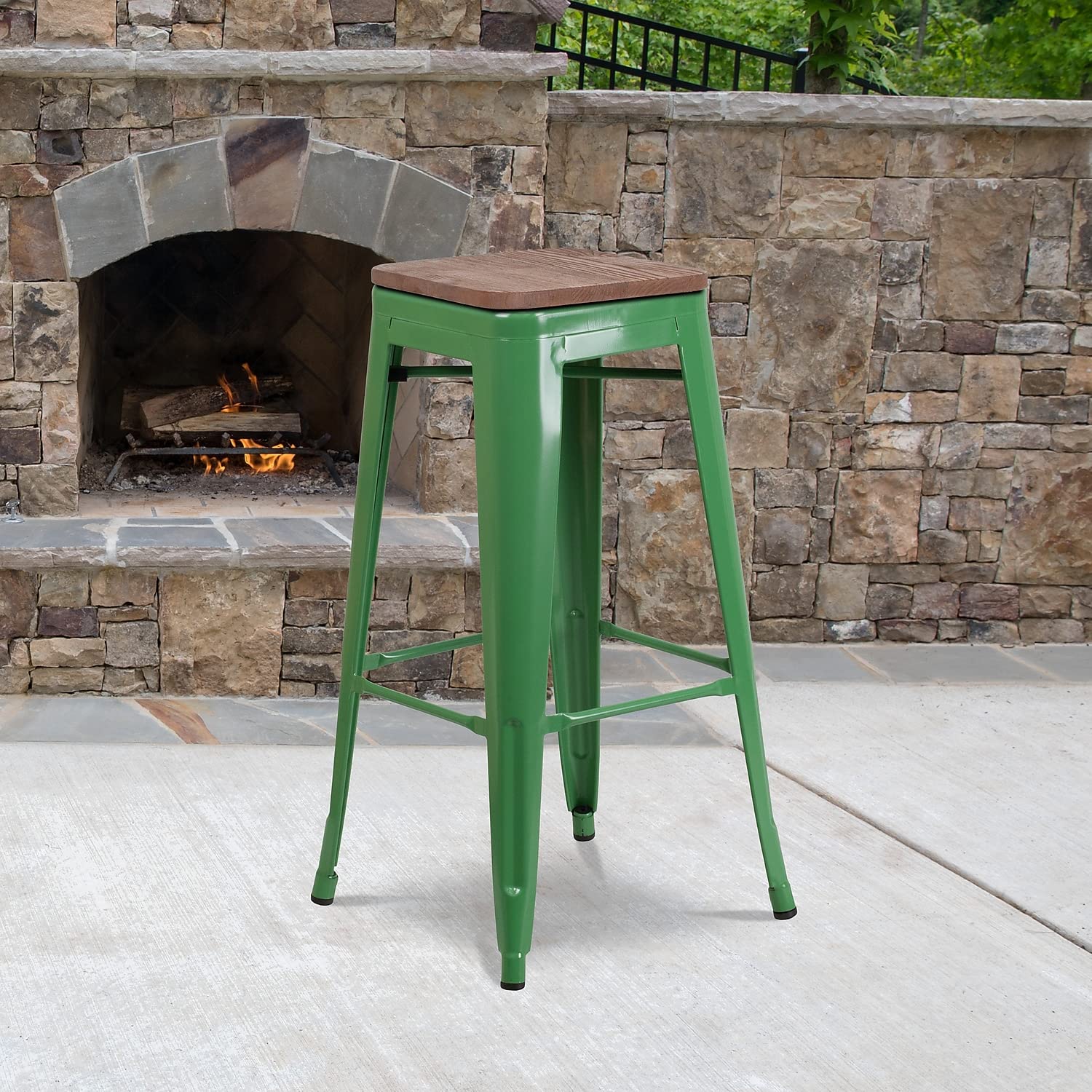 Flash Furniture Lily 30" High Backless Green Metal Barstool with Square Wood Seat