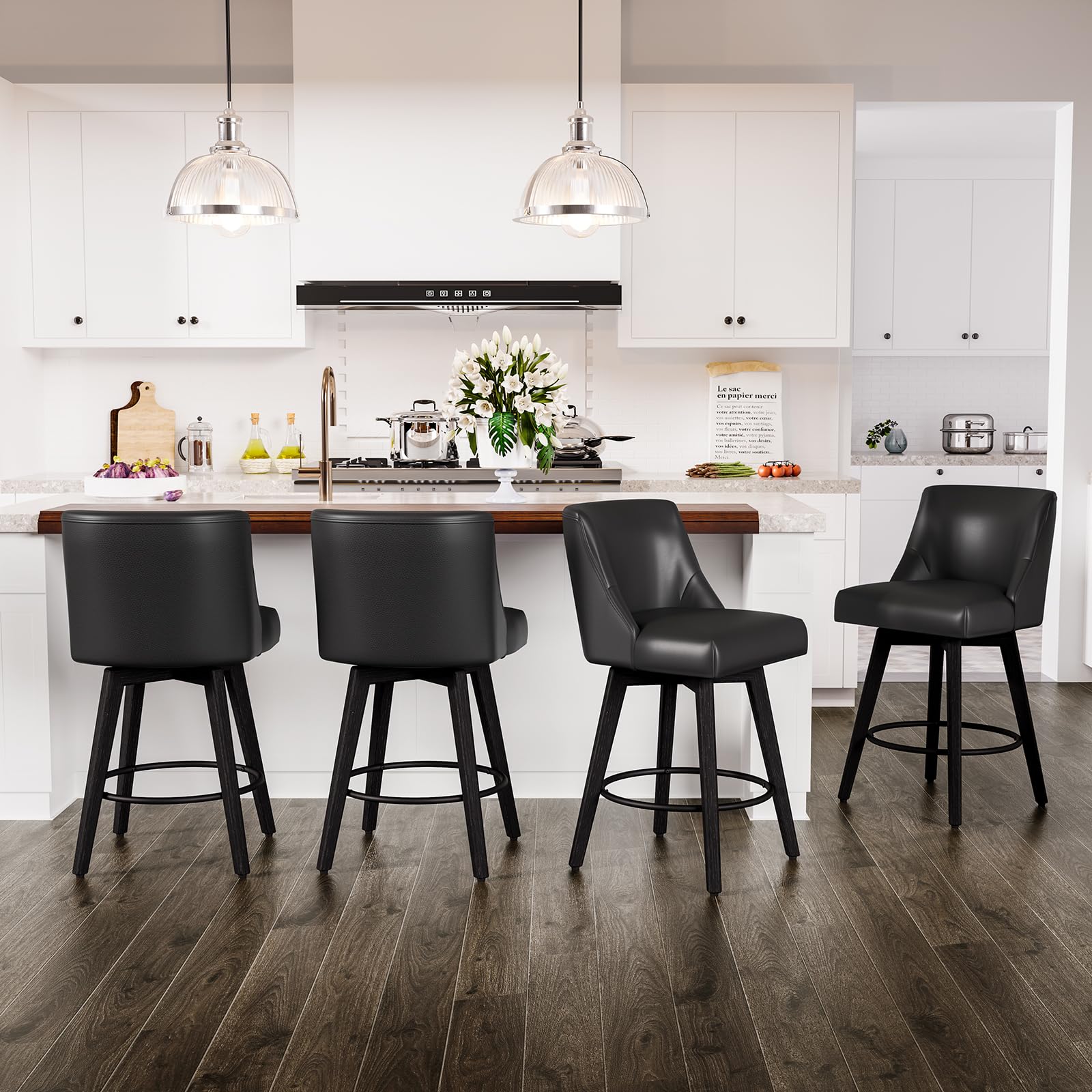 AMICLIBER Counter Height Swivel Bar Stools Set of 4, 26 Inch Bar Stools with Footrest, Faux Leather Upholstered Barstools with B