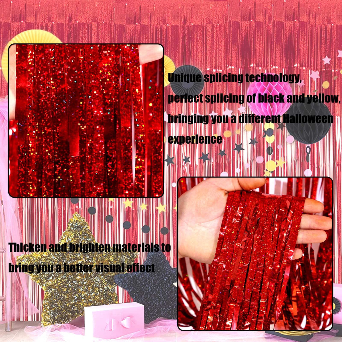 4 Pack Red Tinsel Foil Fringe Curtain Backdrop, 3.28Ft X 8.2Ft Metallic Streamers For Photo Booth Props Wedding Bridal Shower Ba