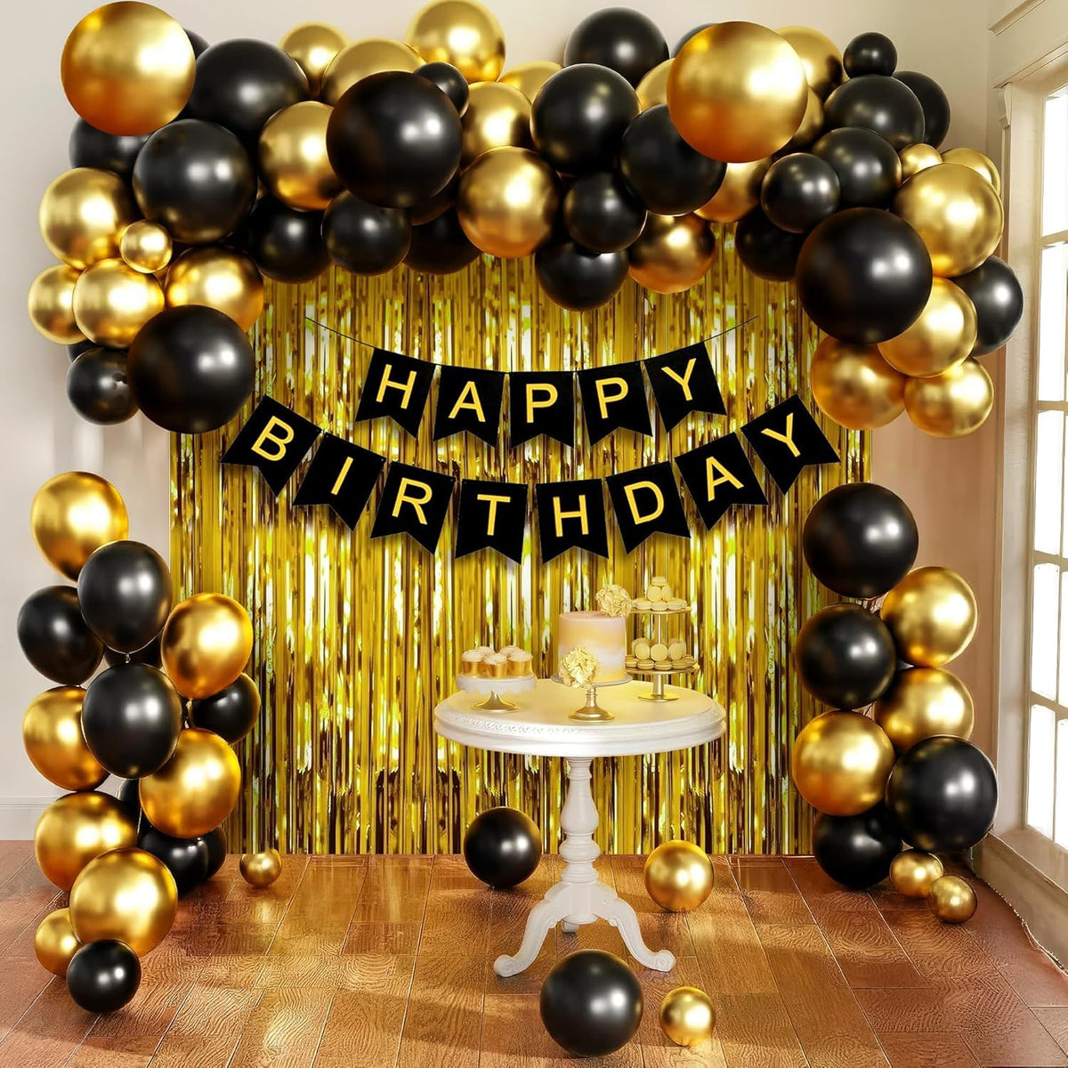Black & Gold Birthday Decoration Kit with Banner & Balloons
