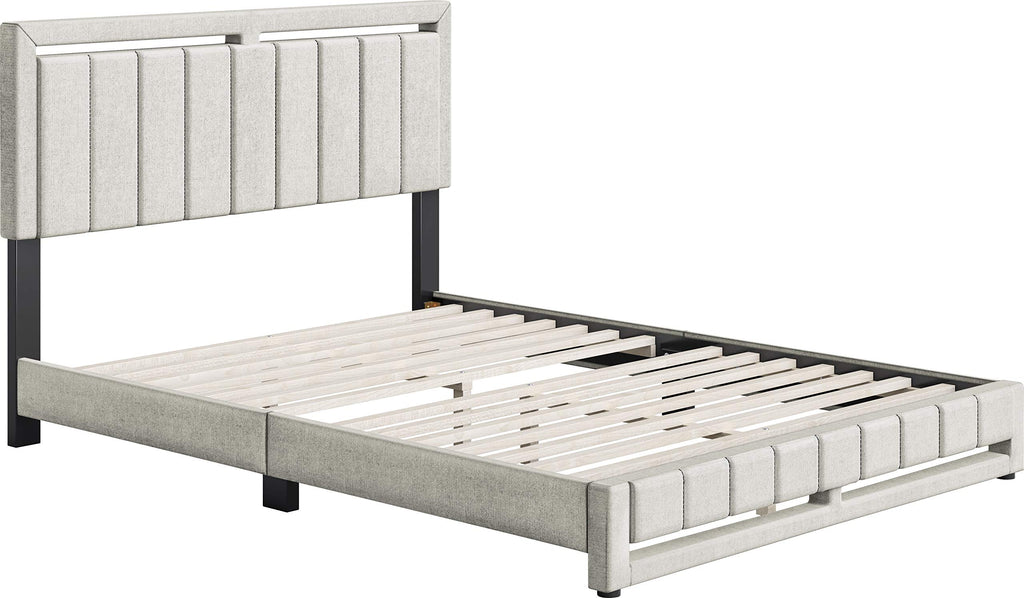 Boyd Sleep Beaumont Upholstered Platform Bed with Headboard, Mattress Foundation with Strong 14 Wood Slat Supports, No Box Spring Required, White Linen, Size Twin