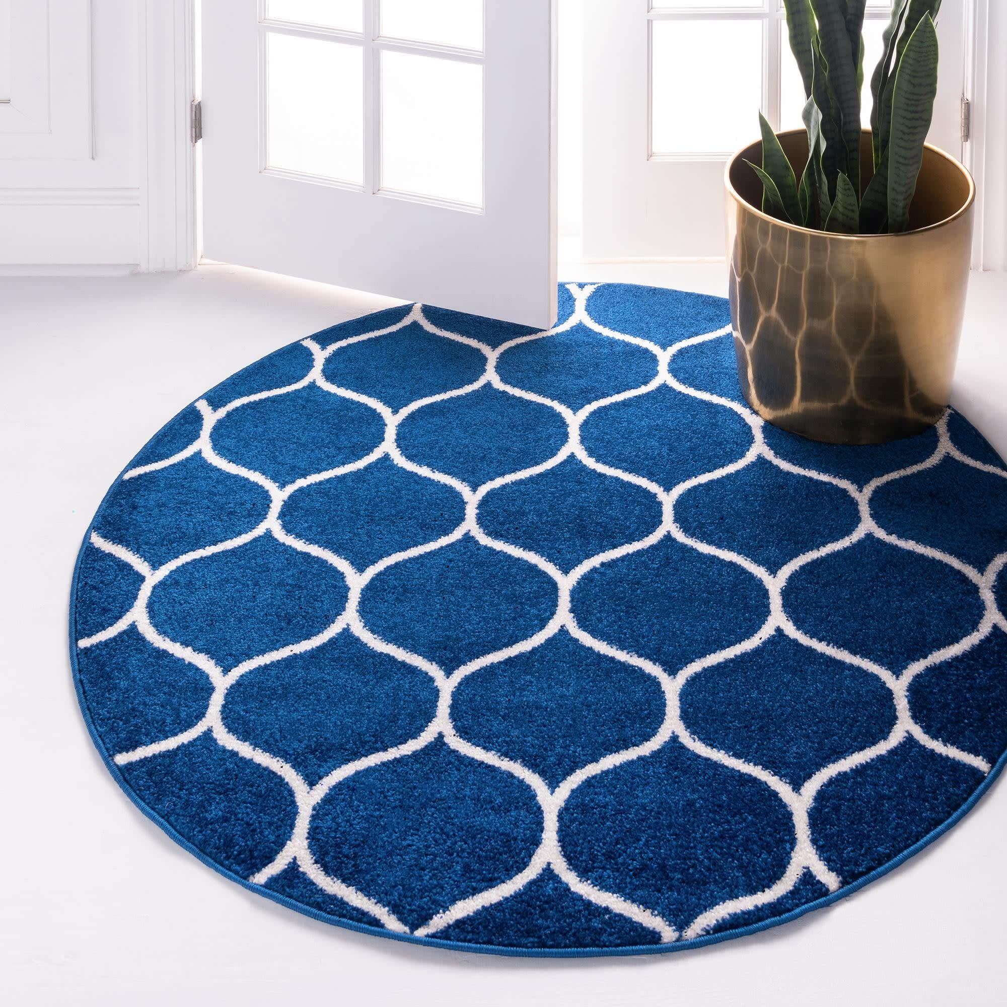 Unique Loom Trellis Frieze Collection Area Rug - Rounded (3' Round, Navy Blue/ Ivory)