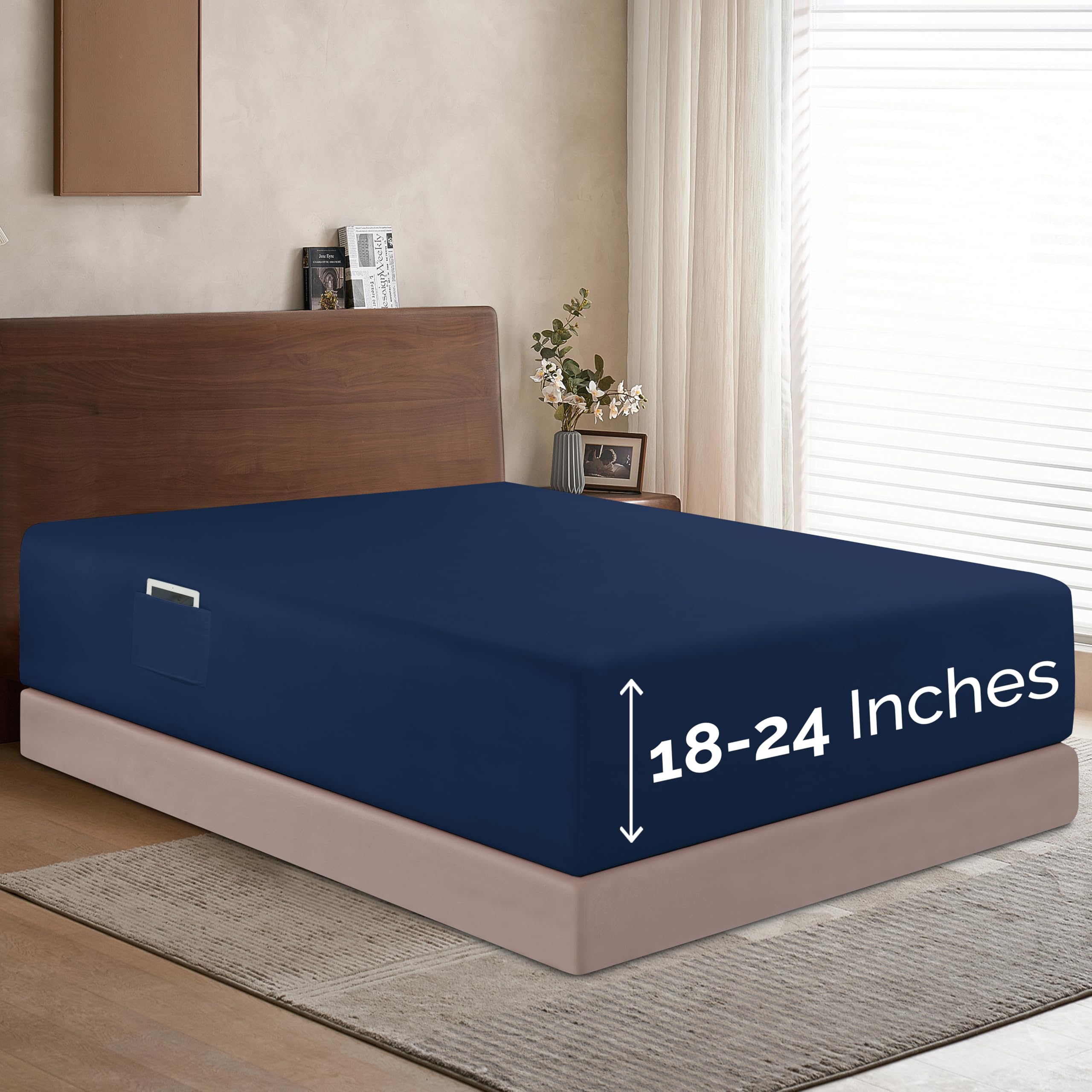 Elegant Comfort 1500 Premium Hotel Quality 18-24 Inches Deep - Extra Deep Pocket Single Fitted Sheet For High Mattress, Luxury And Softest, Smart Pocket - Wrinkle Free, Queen, Navy Blue