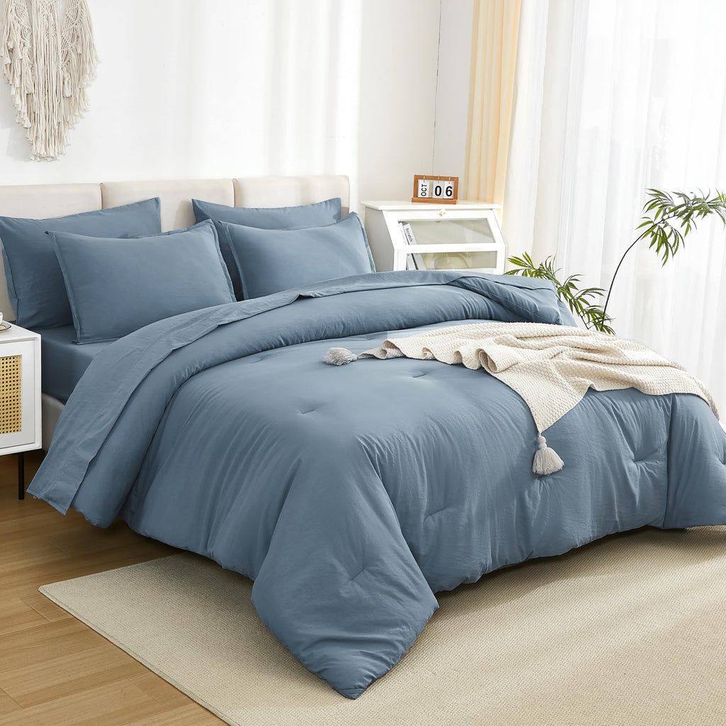 Litanika Comforter Full Size Set Grayish Blue - 7 Pieces Bed In A Bag Full Beddding Comforter Sets, Plain Lightweight Bed Set Wi
