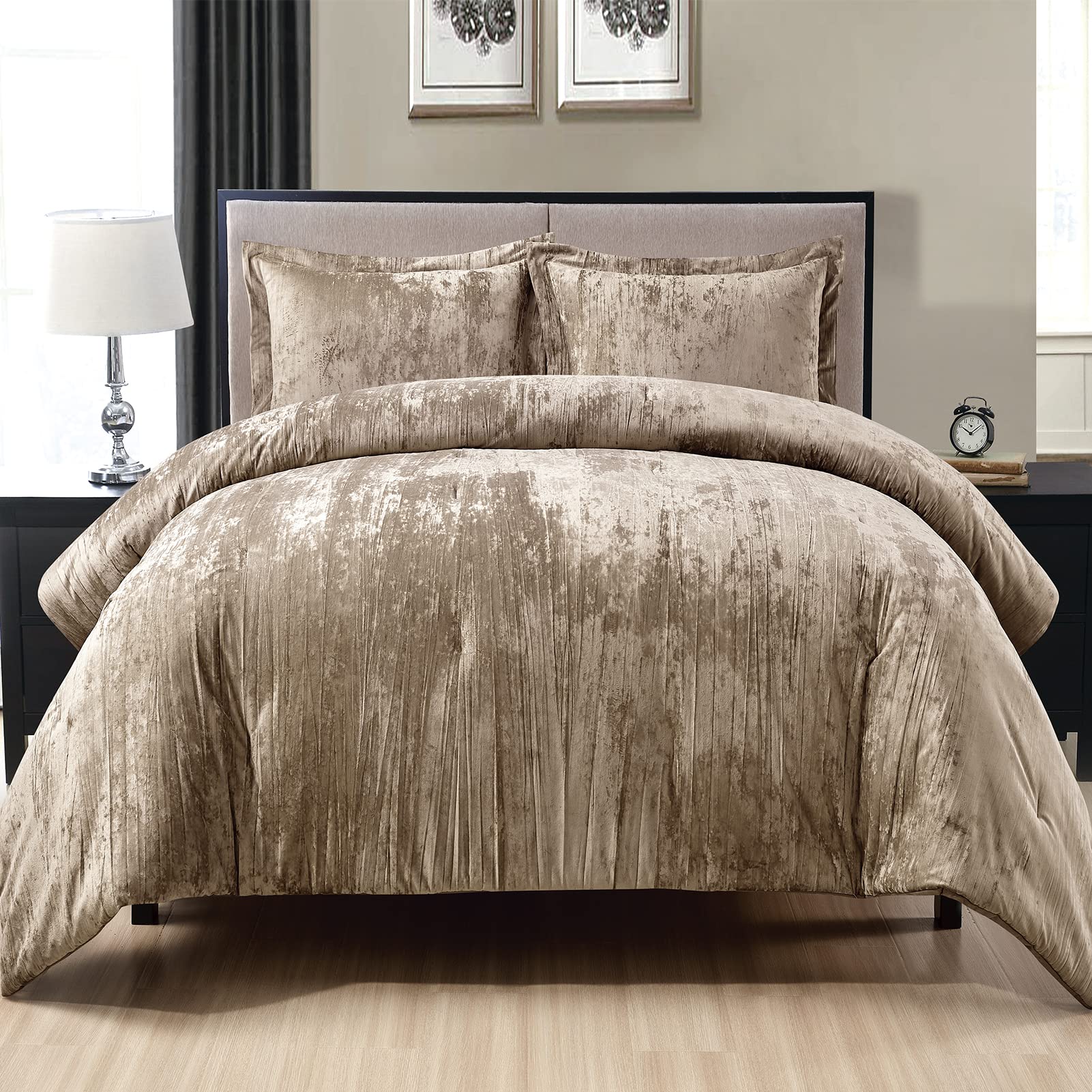 Fredsure Crinkle Velvet Comforter Set, 3 Pieces Khaki King, Crinkle Velvet Face And Brushed Microfiber Reverse