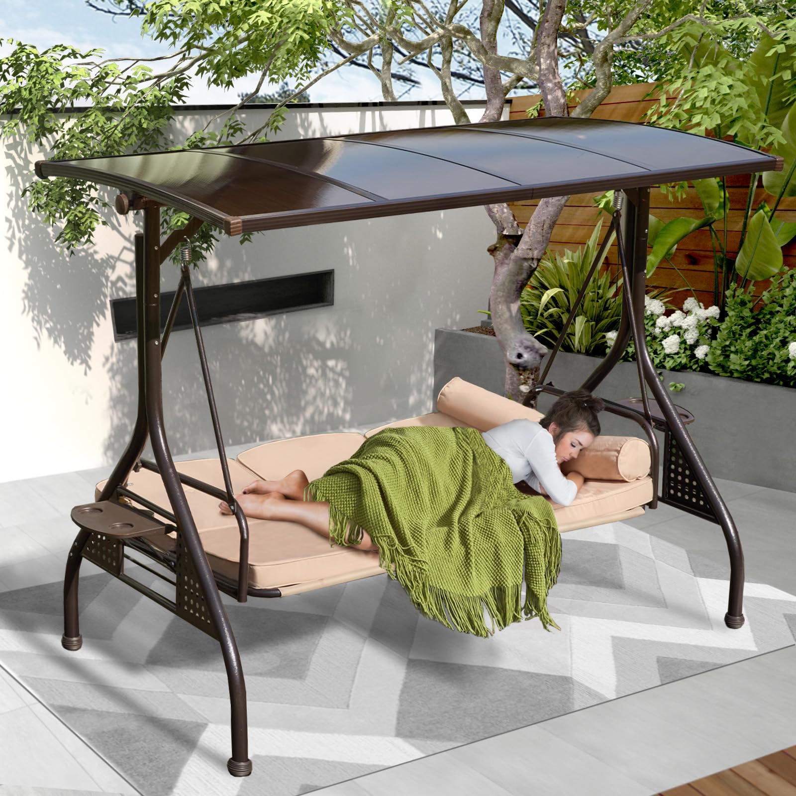 Yalissey 3-Seat Patio Porch Swing with Adjustable Hardtop,3 in 1 Convertible Outdoor Porch Swing for Adults,Patio Swing with Thi