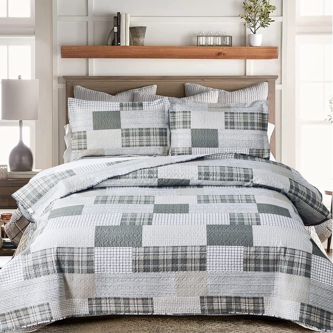 Grey White Plaid Quilt King Size Lightweight Patchwork Quilts Geometric Bedspread Checked Bedding Soft Breathable Gingham Coverl