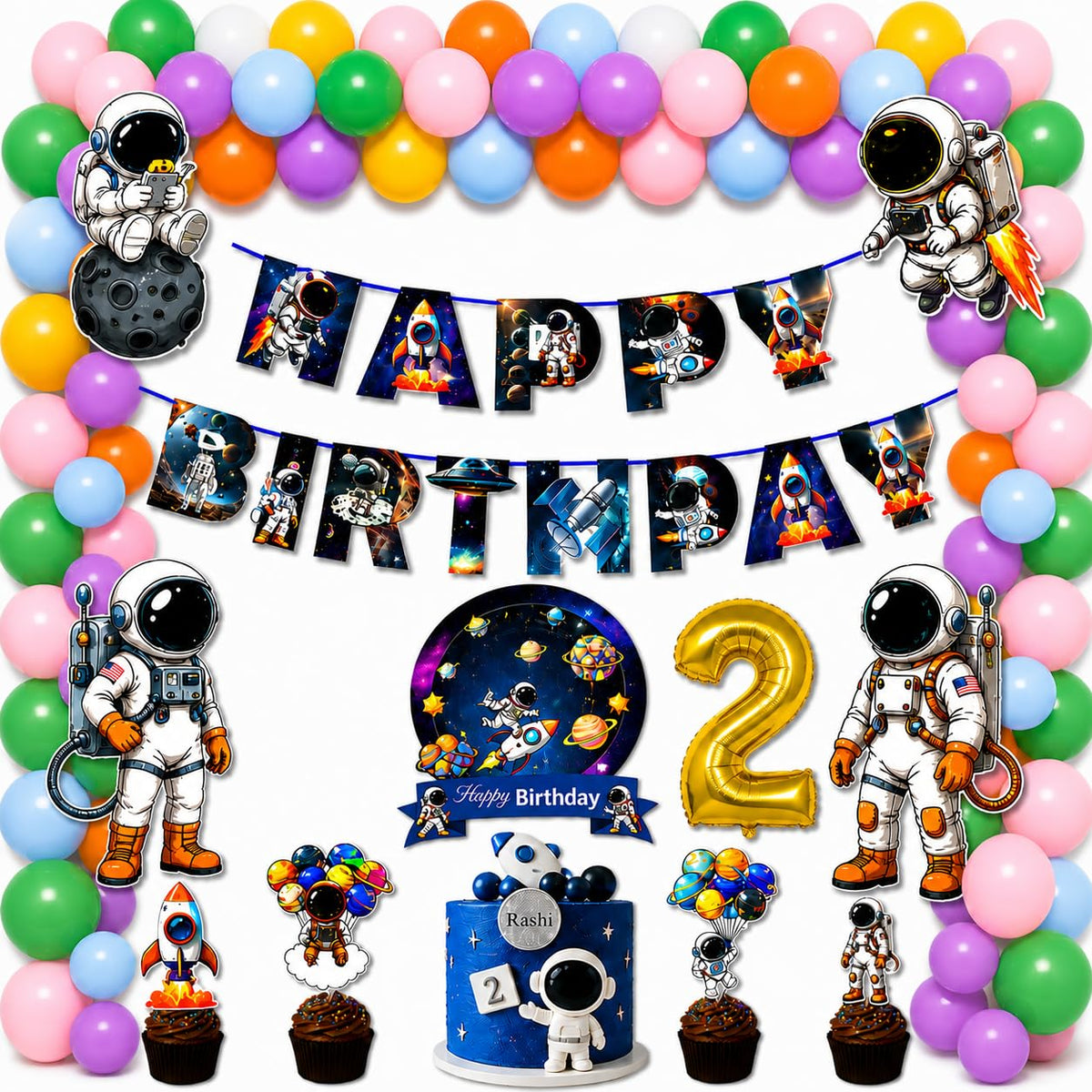 Partyjoy Space Theme kids party Decoration Kit Astronaut Rocket Happy Birthday Banner, Space Cake Topper, Outer Space Birthday P
