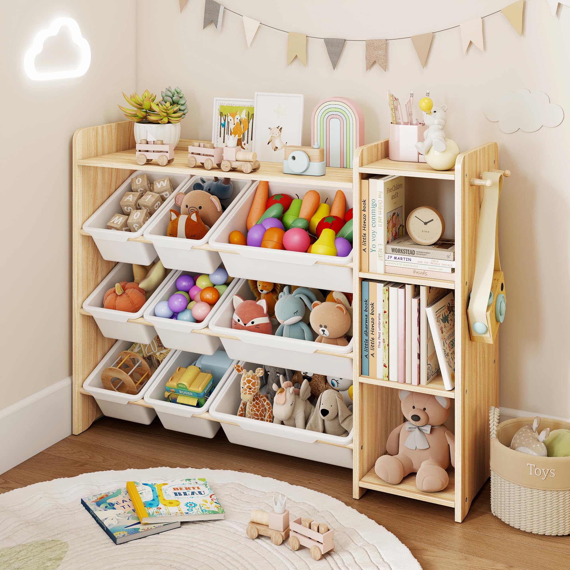 DOREROOM Toy Storage Organizer with Bookshelf, Kids Toy Storage and Organizers with 3 Shelves/9 Bins/3 Hooks, Bin Shelf, Toy Org