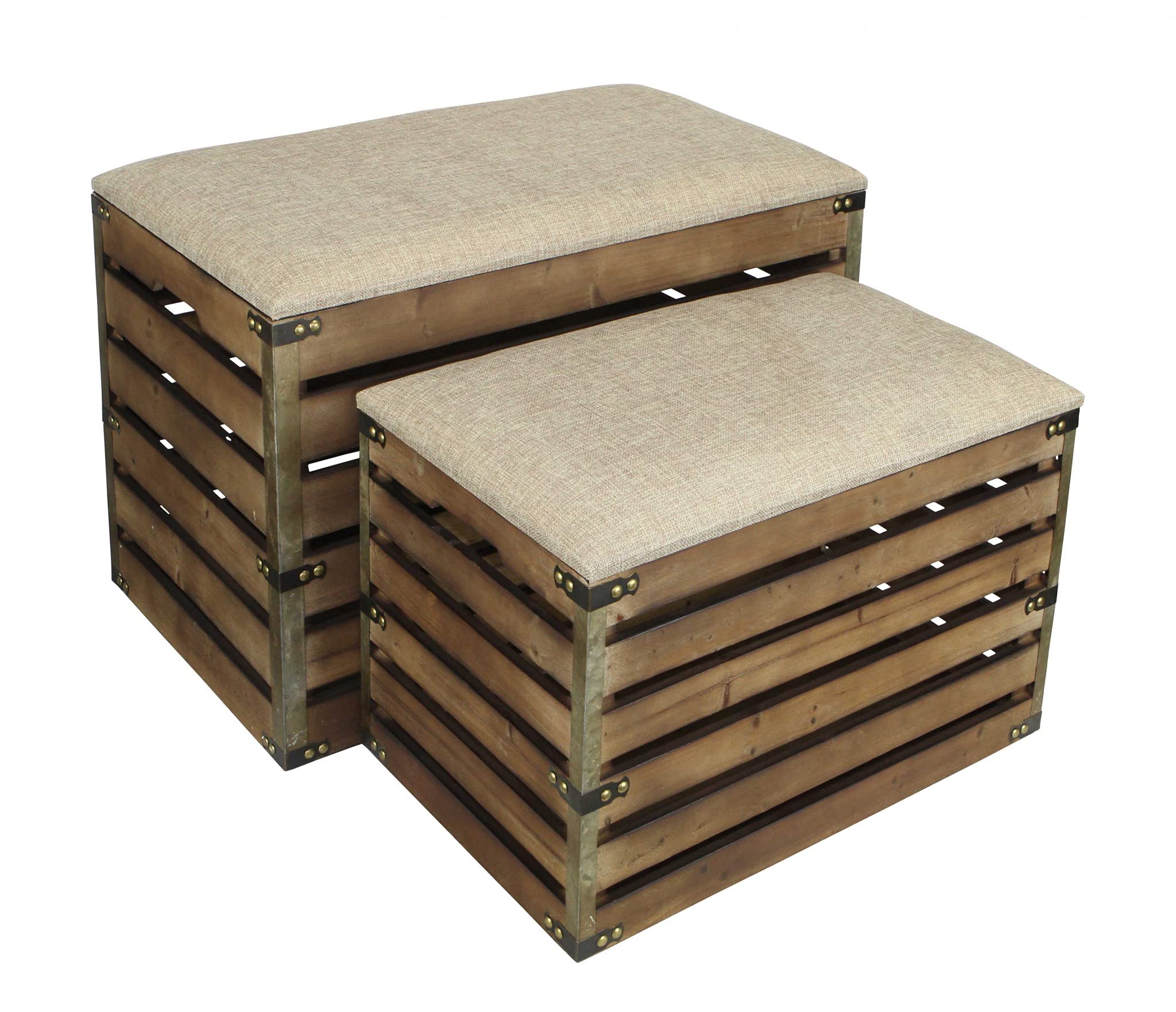 HomeRoots Gray Set of 2 Rectangular Brown Linen Fabric and Wood Slats Storage Benches