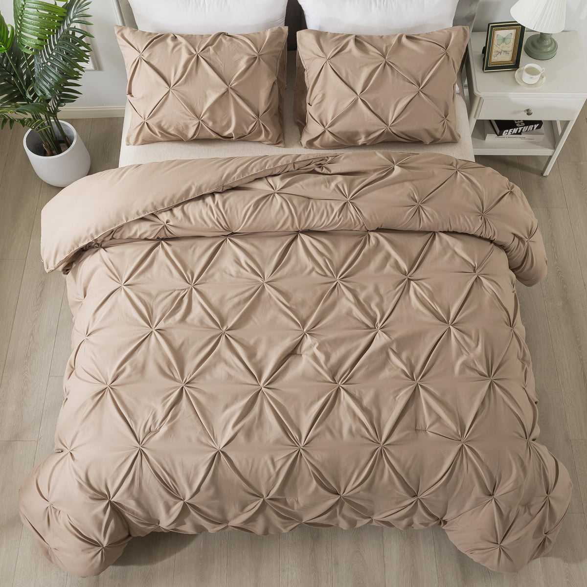 Andency California King Comforter Set Taupe (104X96Inch), Pinch Pleat Cal King Comforter Set 3 Pieces, Oversized King Pintuck Bed Comforter, Microfiber Down Alternative Comforter Bedding Set